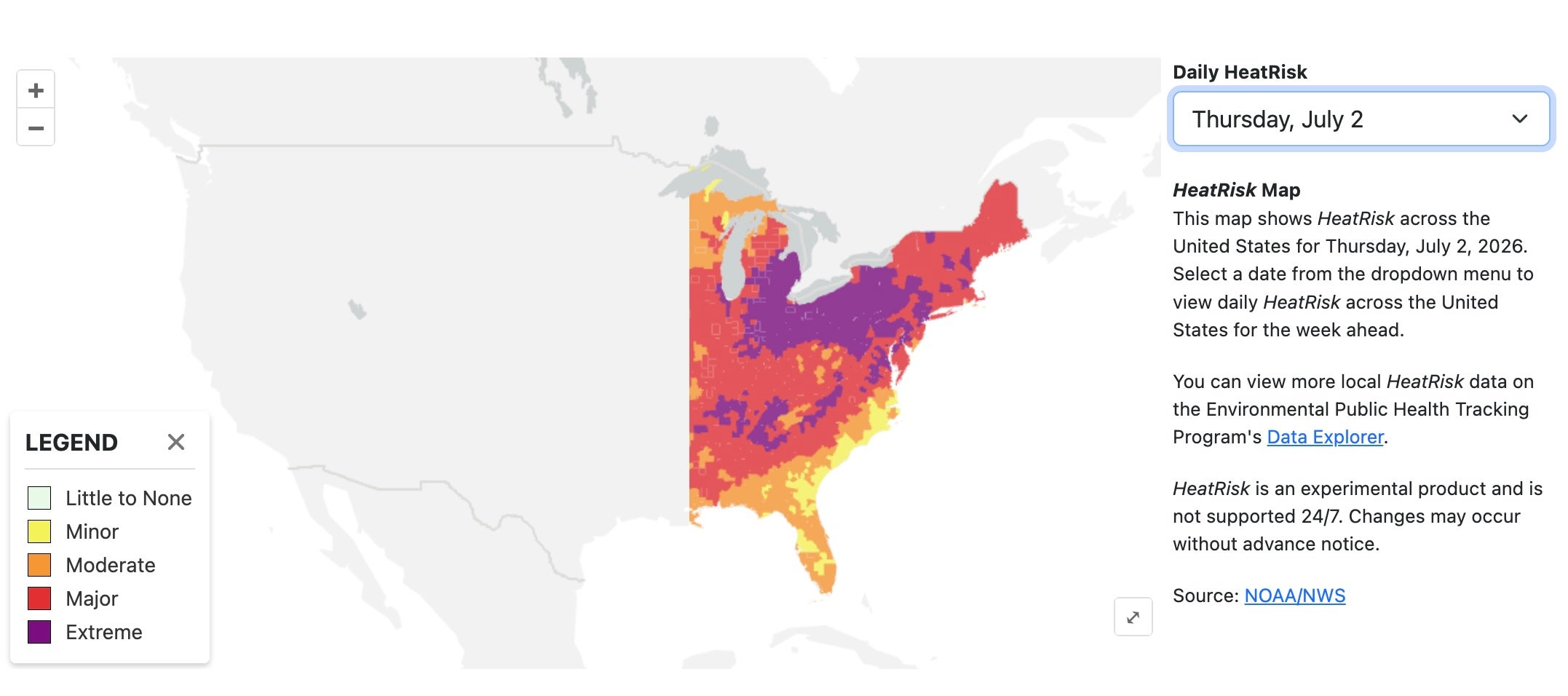 A map from the US Centers for Disease Control and Prevention shows the areas most at risk of heat-related illness on Thursday, with the worst-hit regions in purple