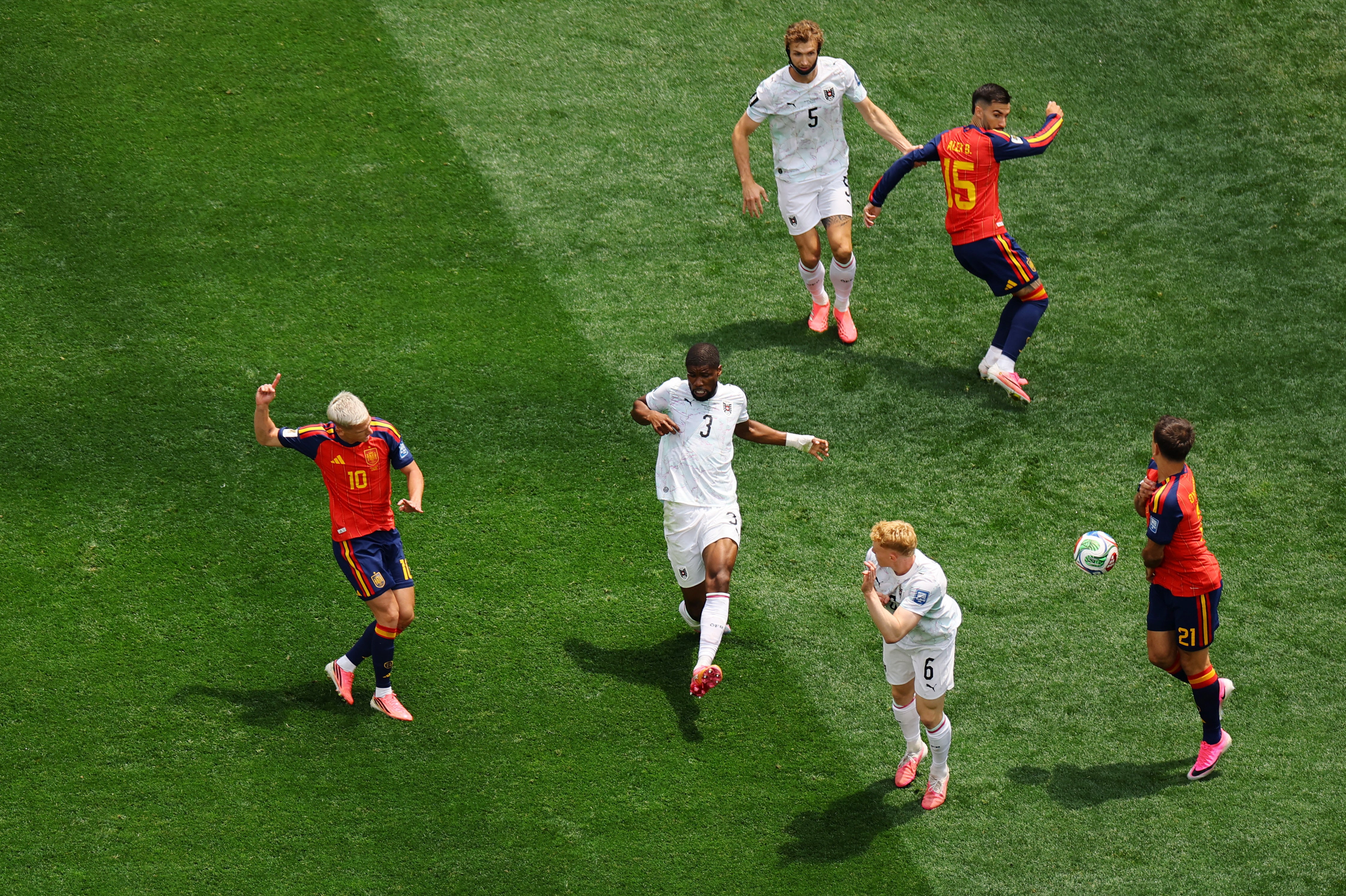 Olmo’s shot is blocked by teammate Oyarzabal