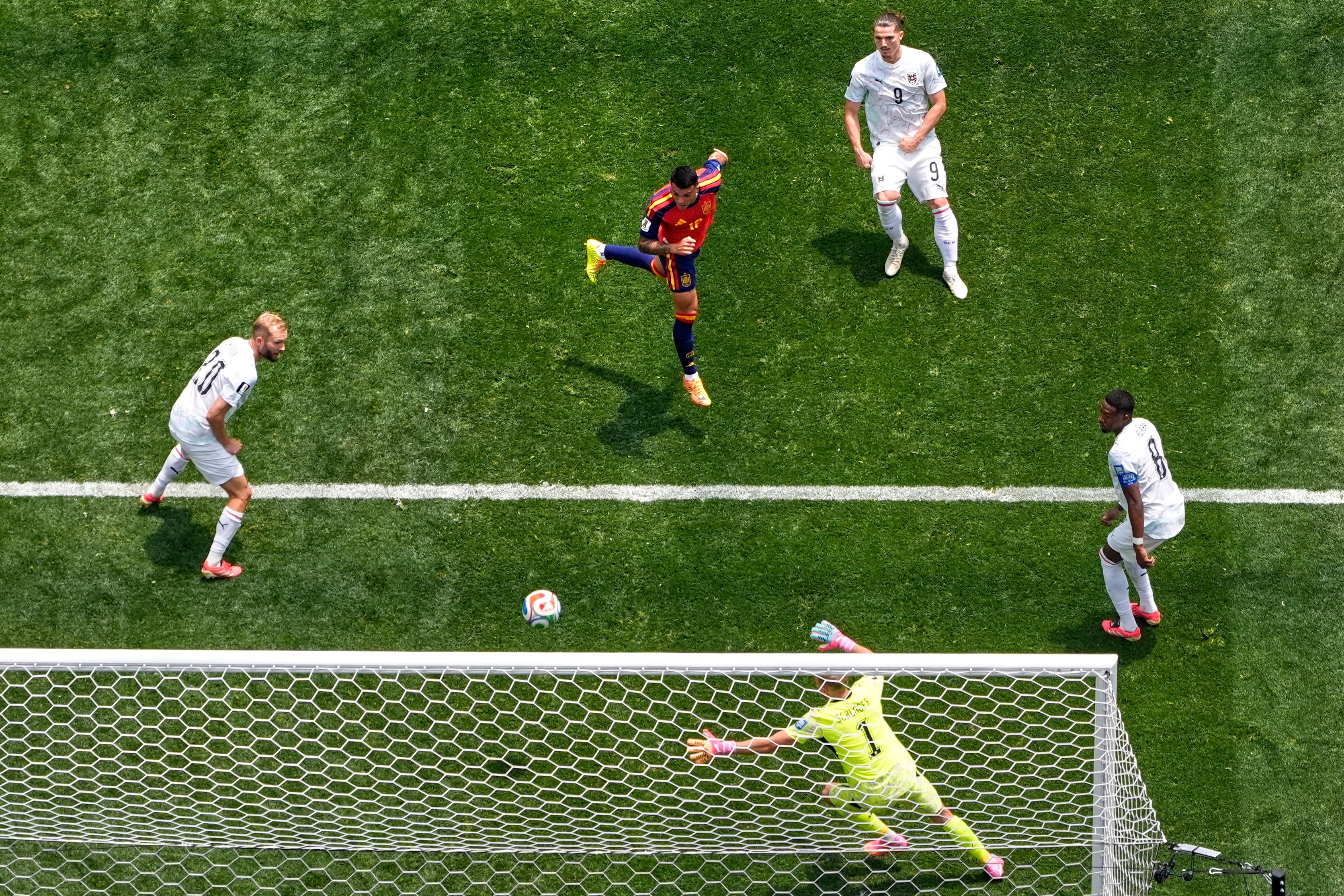 Pedro Porro heads home Spain's second in a 3-0 win over Austria