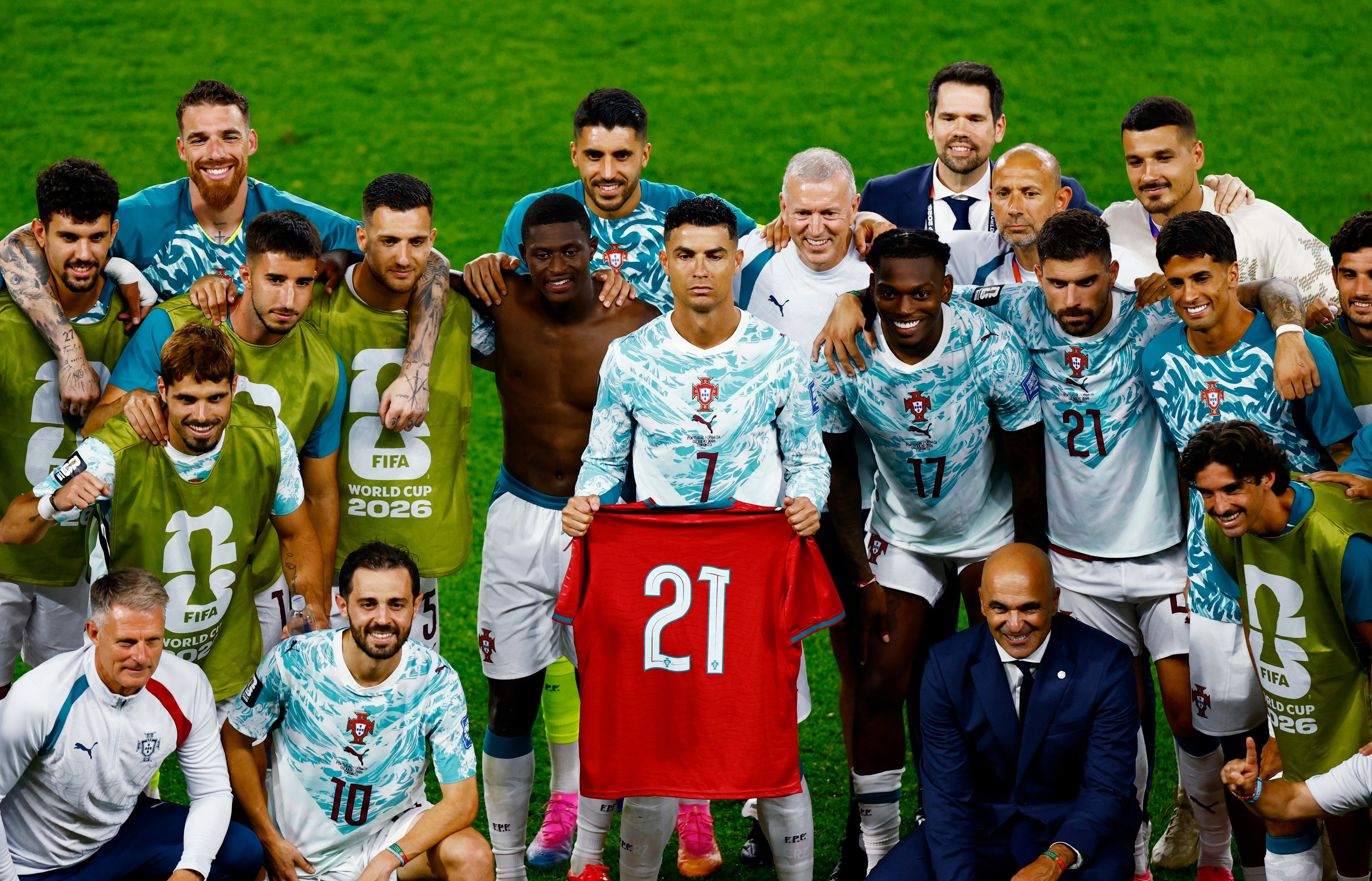 Cristiano Ronaldo (centre) and his teammates pay tribute to late Portugal star Diogo Jota