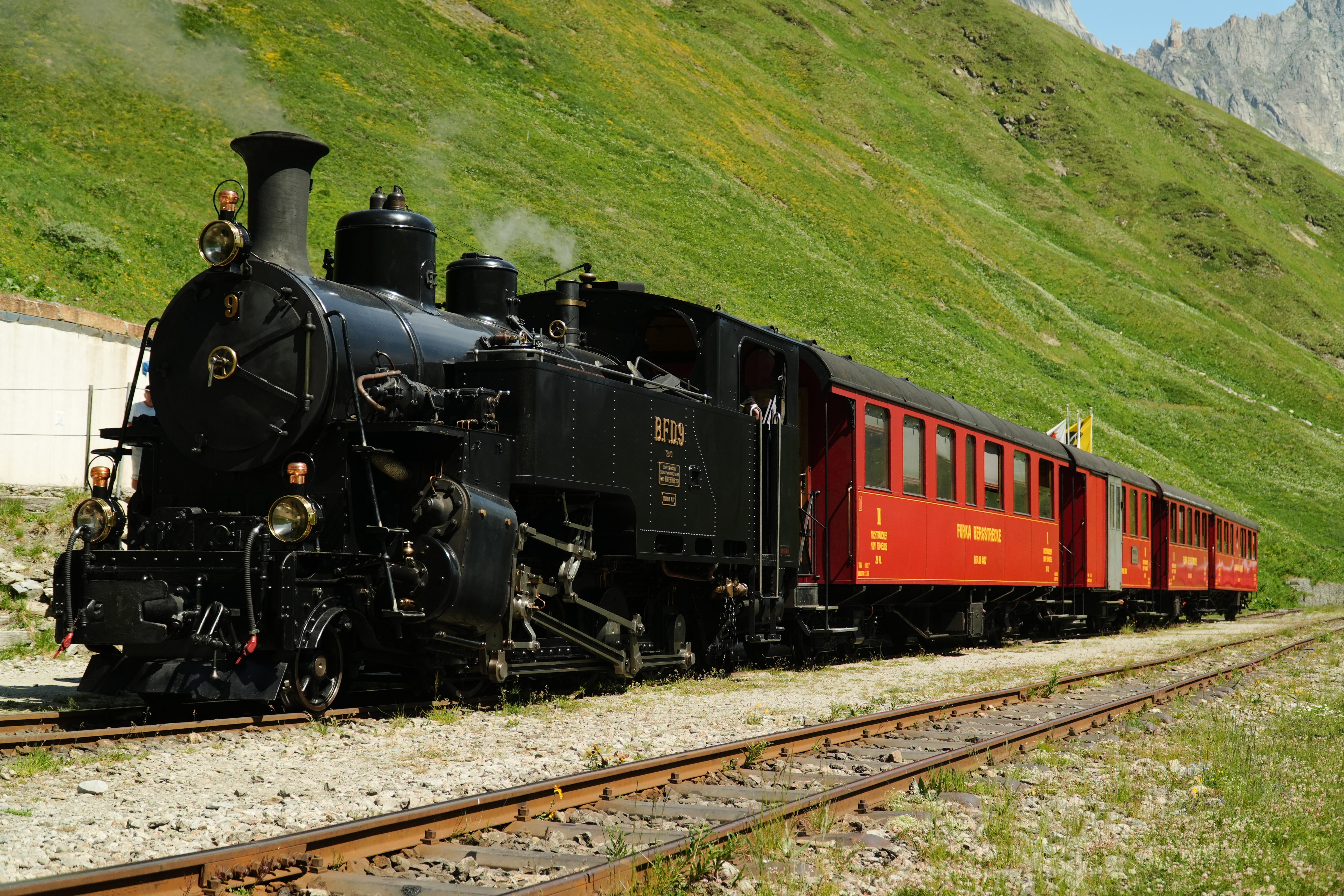 One of DFB's historic steam trains travels from Realp to Oberwald