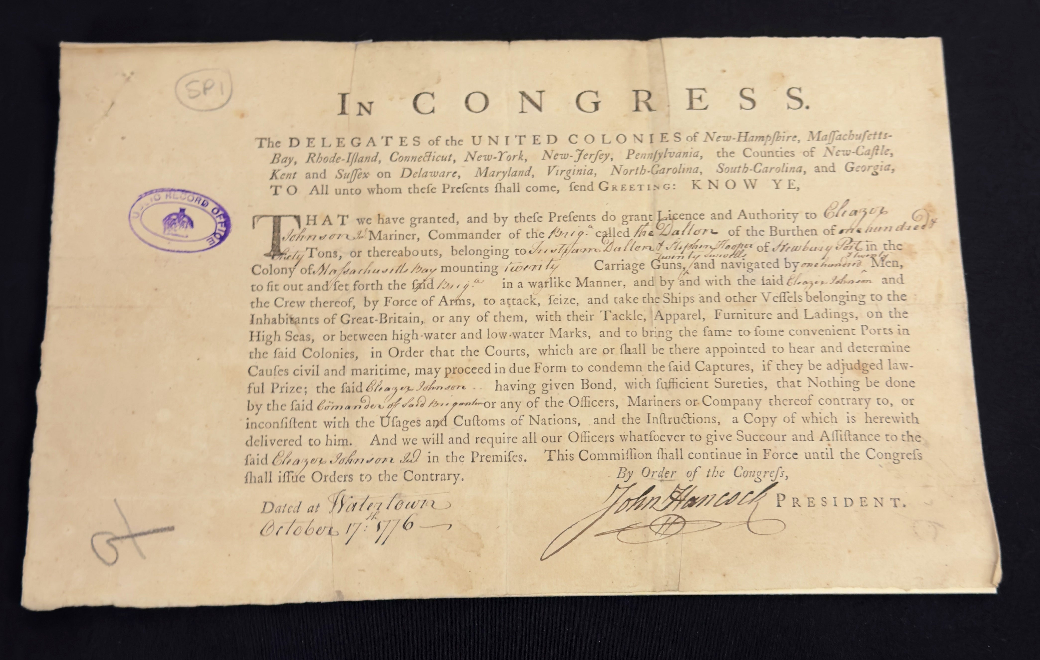 The document was among papers seized when the American privateer Dalton was captured by the Royal Navy on Christmas Eve 1776 (Shivansh Gupta/PA) (PA Wire)