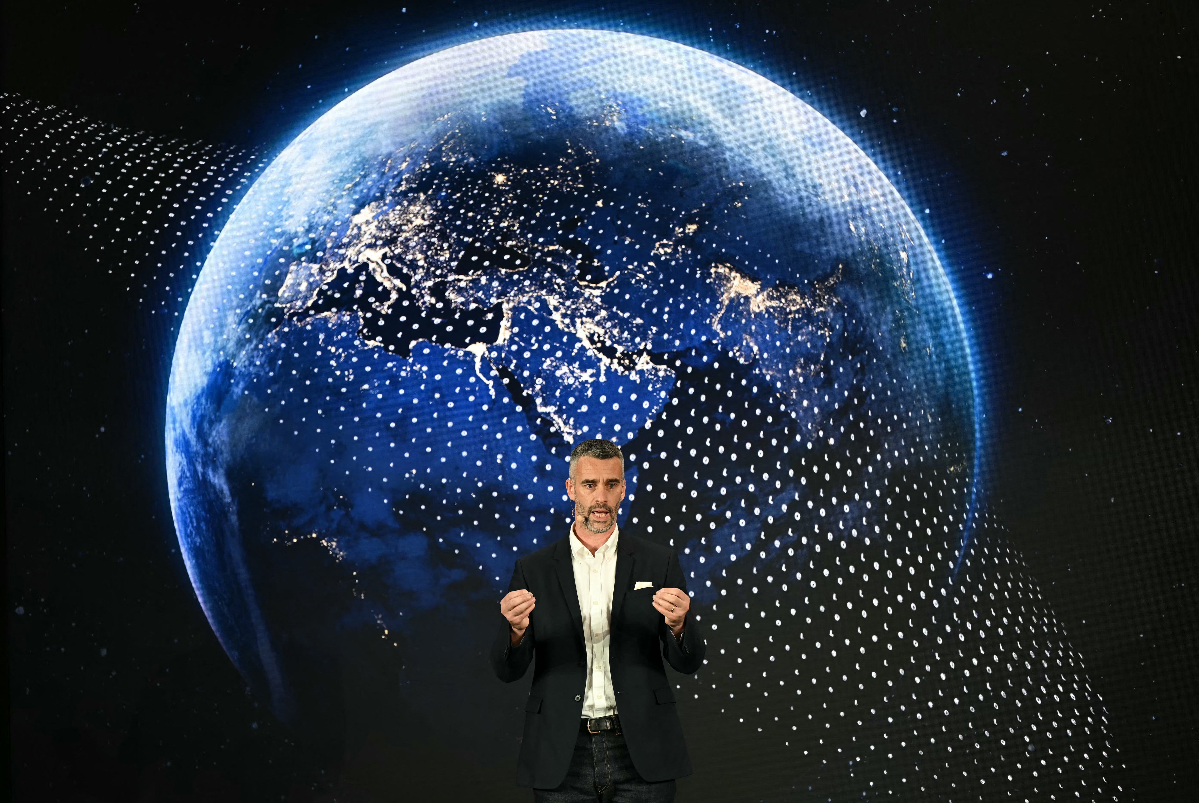 <p>Amazon's Head of Consumer Europe for Amazon Leo, Martijn van Delden, speaks at Amazon's LCY3 Fulfillment Centre in Dartford, UK, on 4 June, 2026</p>