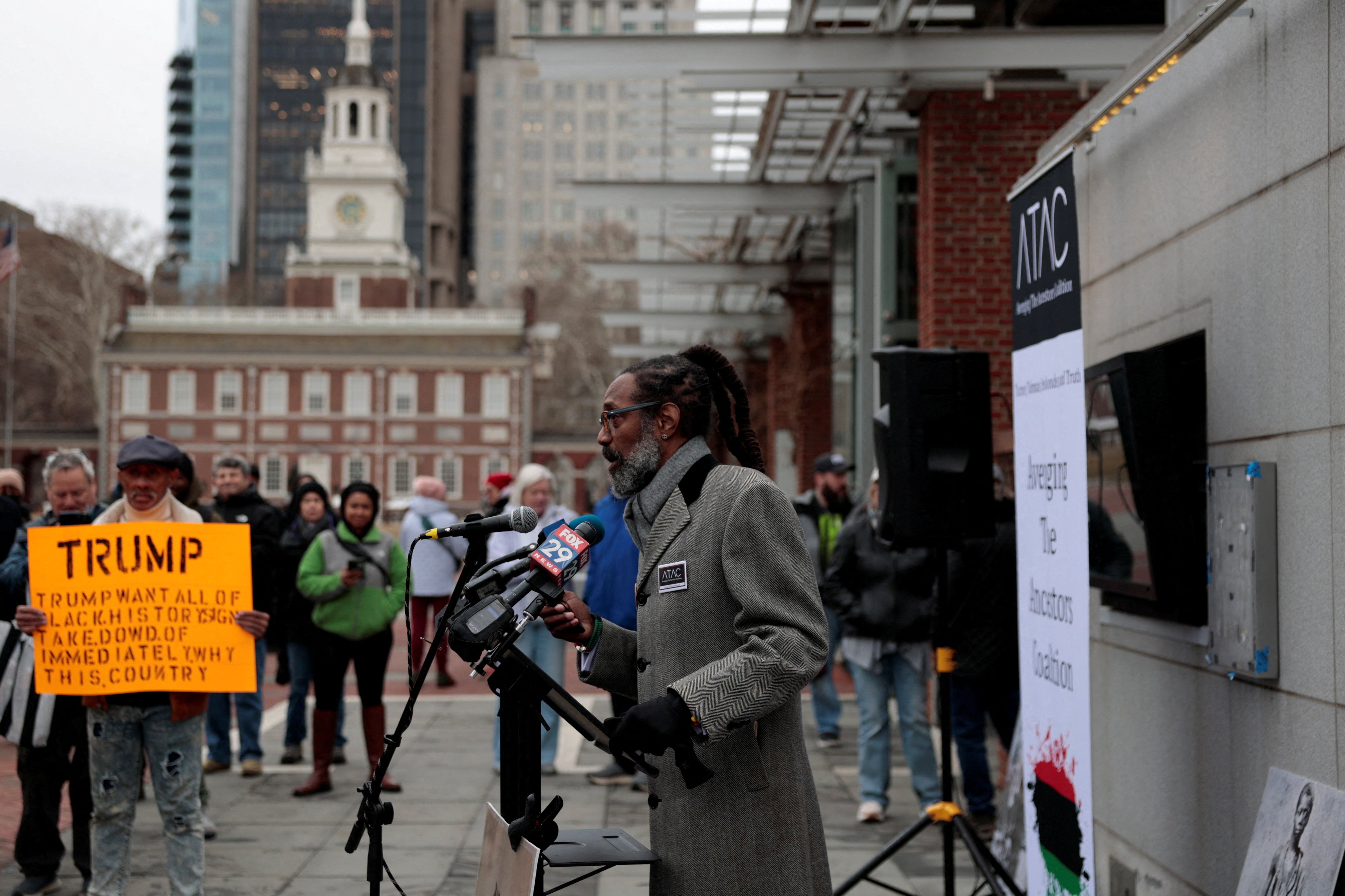 : Michael Coard, attorney and founder of the Avenging The Ancestors Coalition (ATAC), speaks after National Park Service workers reinstalled a slavery exhibit at the President's House, following a U.S. judge's order to reinstall it, in Philadelphia in February