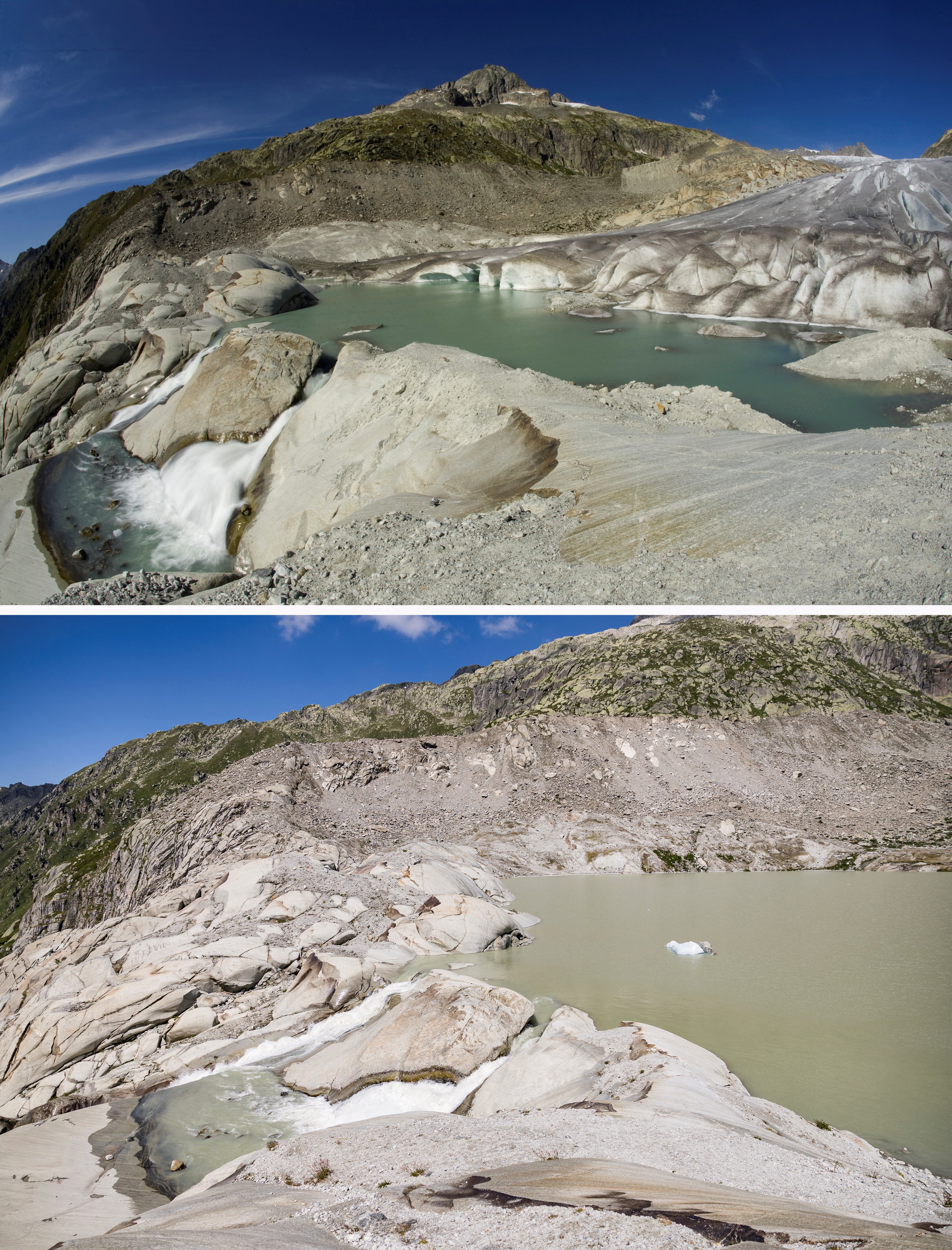 A combination of two pictures shows the difference in the amount of ice on the Rhone Glacier at the Furkapass, Switzerland, September 9, 2009 (top), taken by Denis Balibouse and July 2, 2026 (below).REUTERS/Pierre Albouy