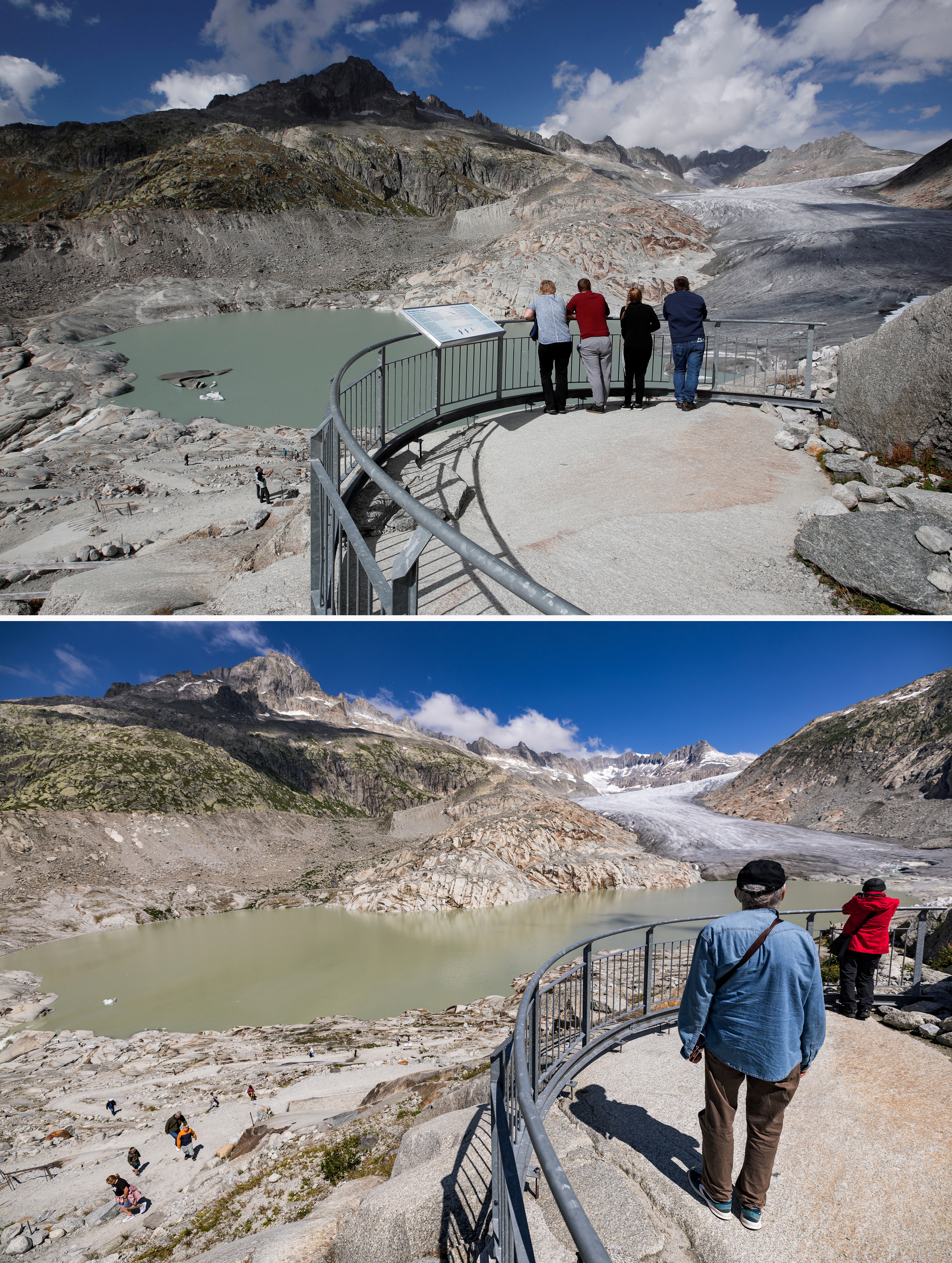 A combination of two pictures shows the difference in the amount of ice on the Rhone Glacier at the Furkapass, Switzerland, September 13, 2018 (top), taken by Denis Balibouse and July 2, 2026 (below).REUTERS/Pierre Albouy
