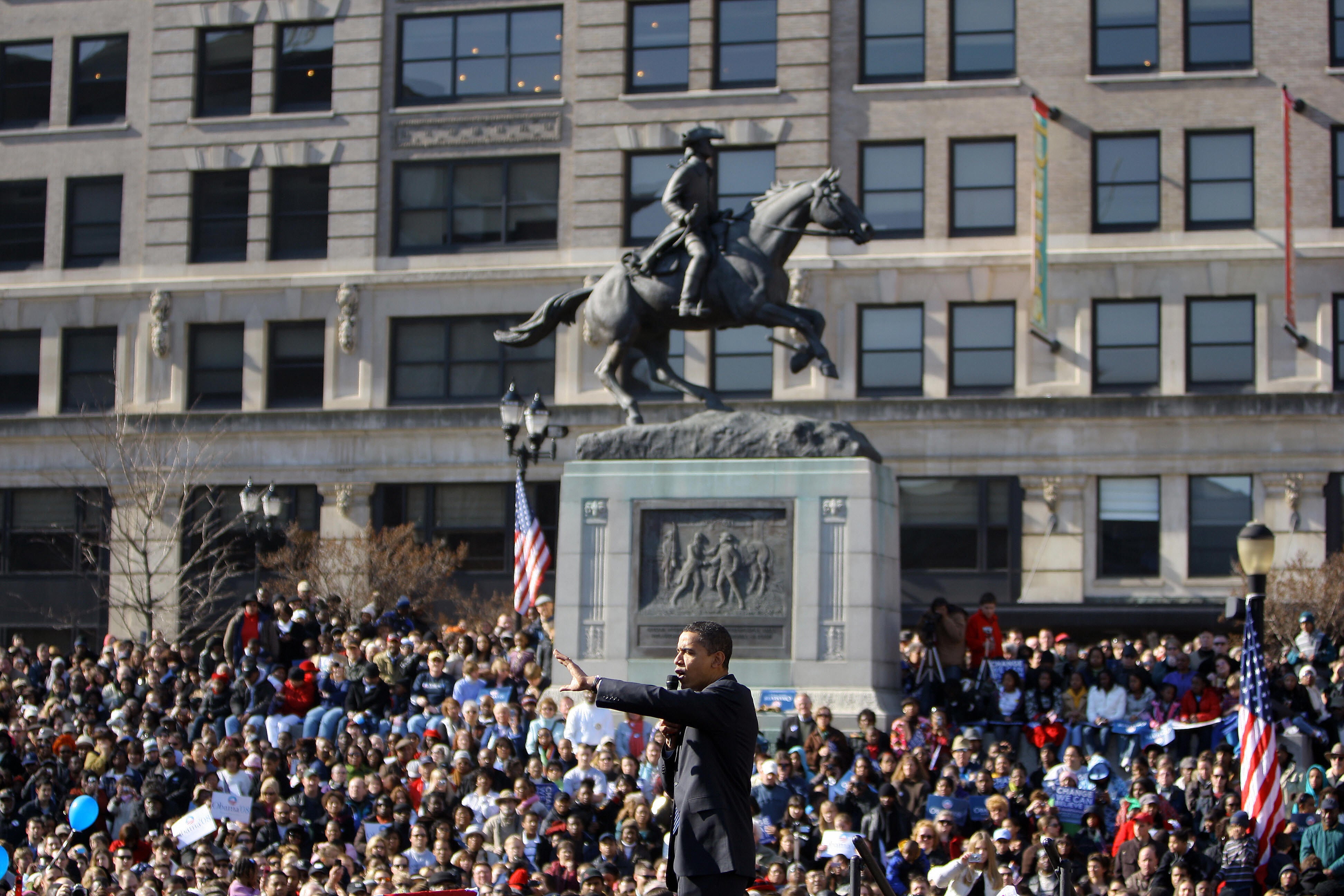 In February 2008, then-Democratic presidential candidate Barack Obama hosted a rally in front of the statue in Wilmington, Delaware