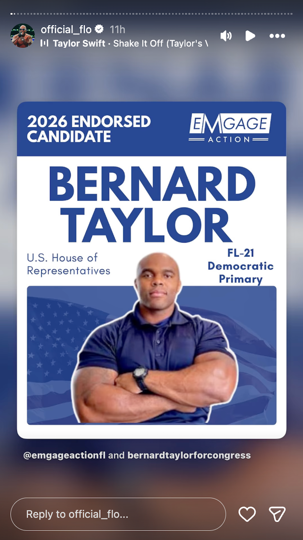 Flo Rida shared an endorsement for Florida Democrat Bernard Taylor on his Instagram Story the same day he performed at Trump’s event (official_flo/Instagram)
