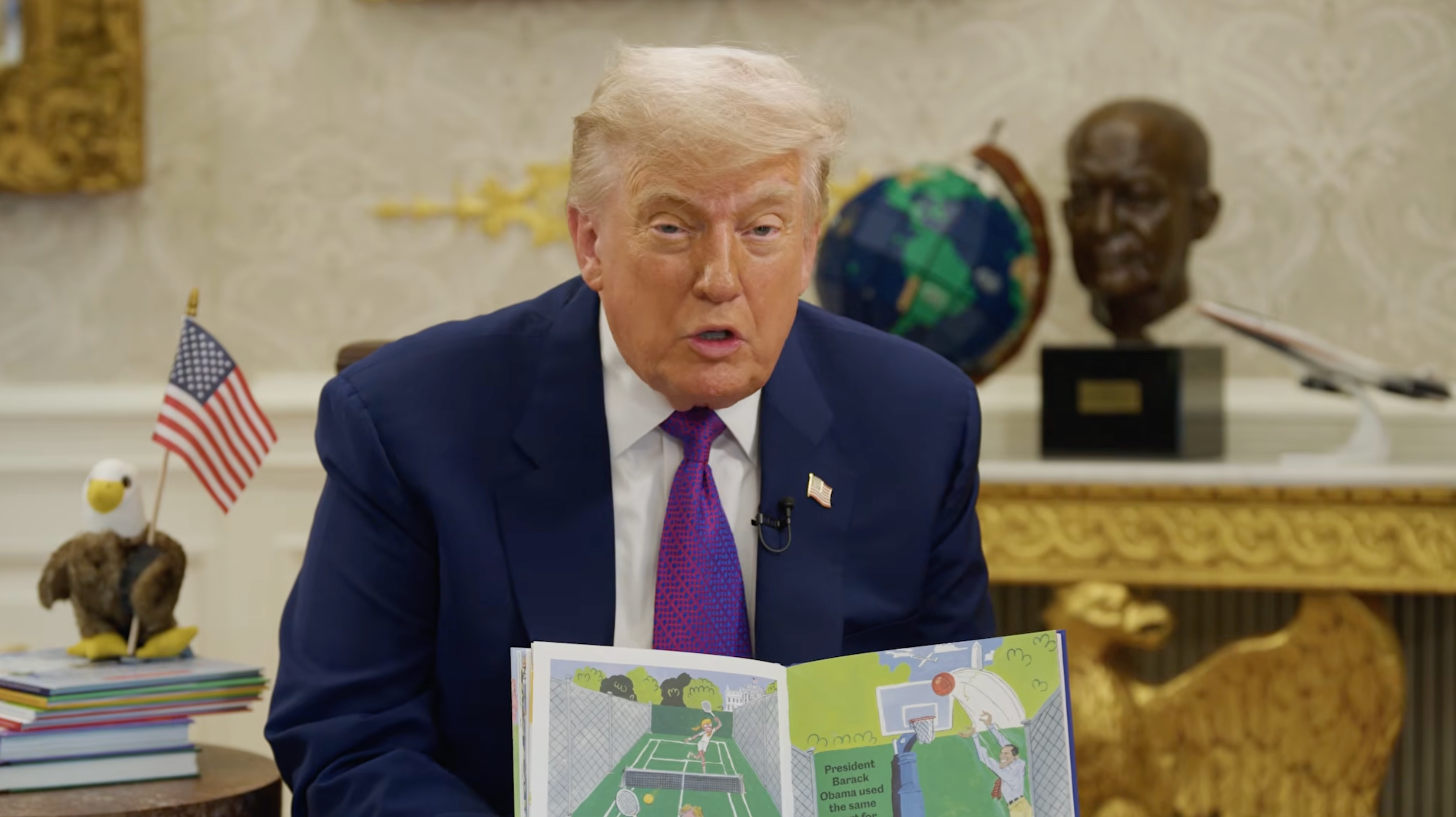 While pausing on a page about Obama, Trump questioned whether or not the former president is any good at basketball