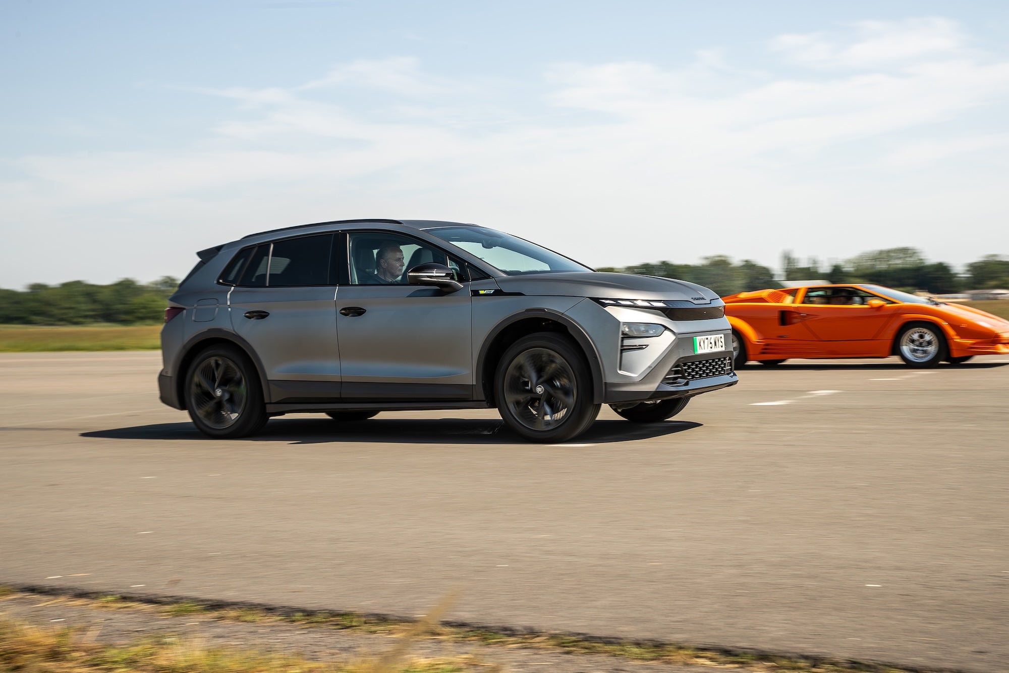 The Škoda Elroq vRS all-electric SUV lined up against a legendary Lamborghini Countach (Skoda)