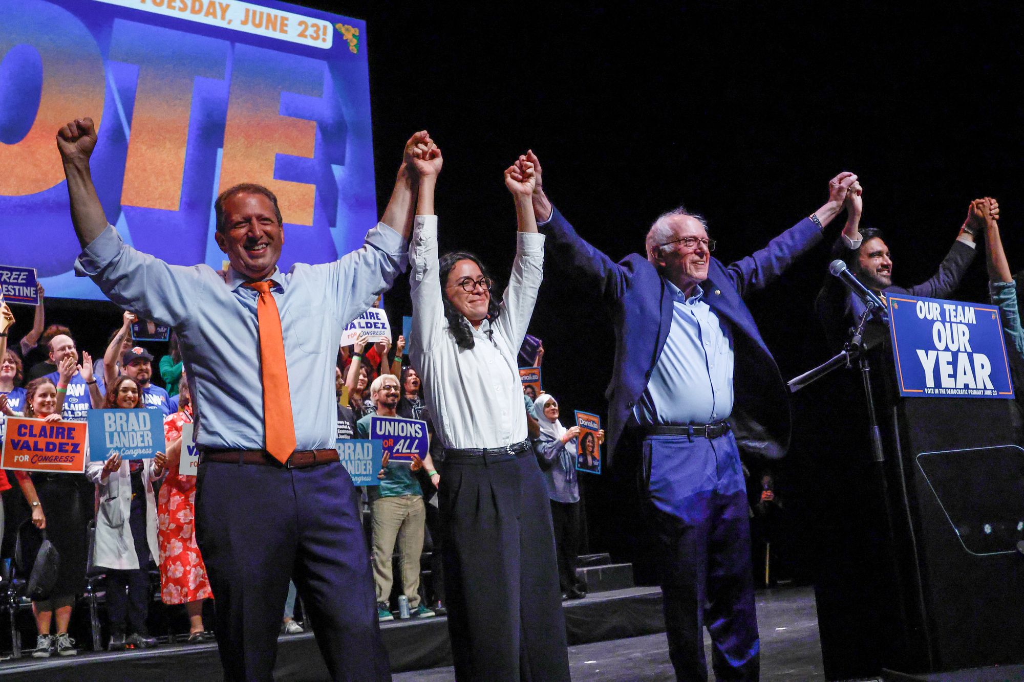 A string of progressives have notched victories across the country in recent weeks. Pictured: Sanders, on June 18, joins hands with Mamdani and progressive congressional candidates Brad Lander and Claire Valdez, who both won House primaries last month
