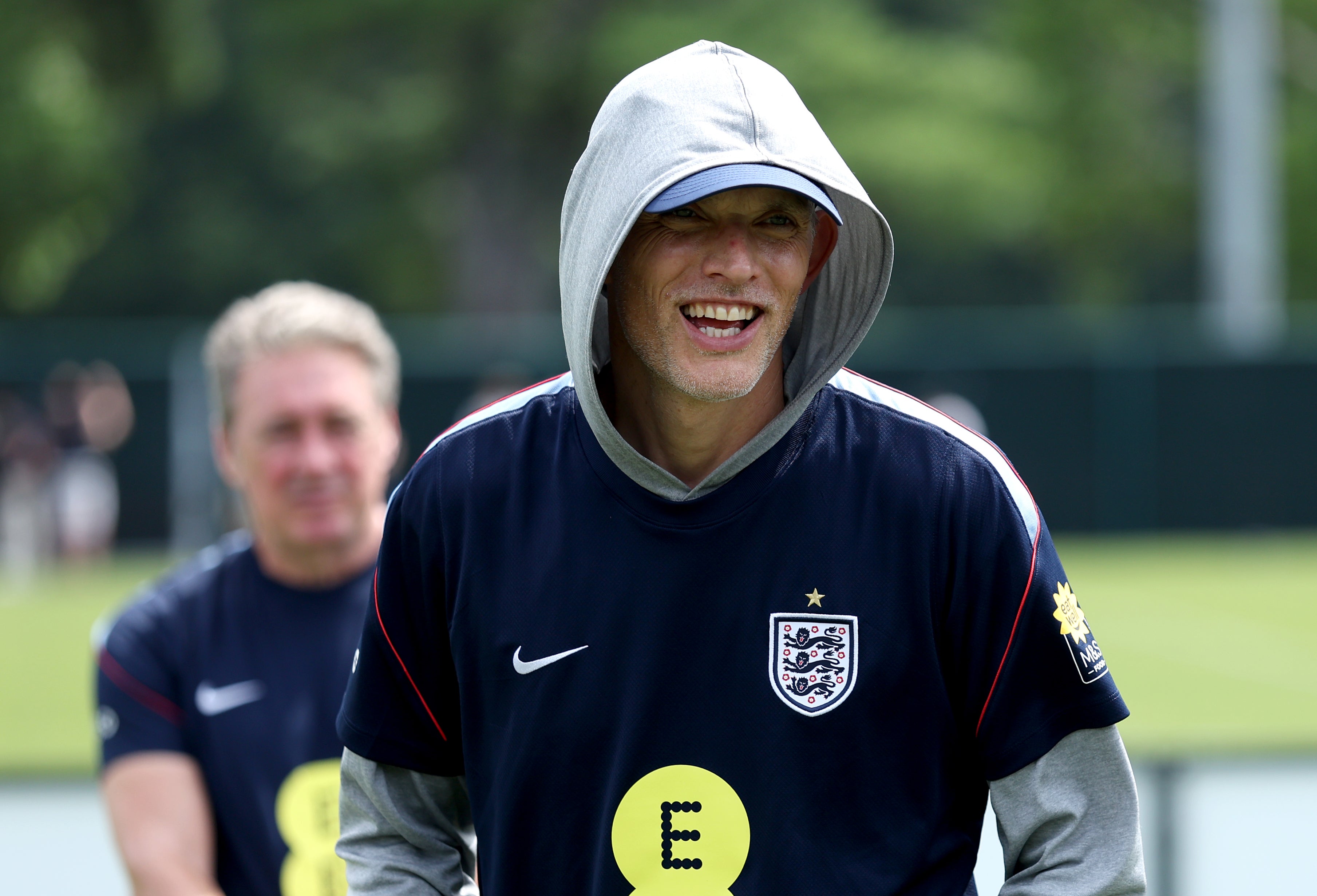 Thomas Tuchel at England training on Friday before chaos surrounded the kick-off time of their match