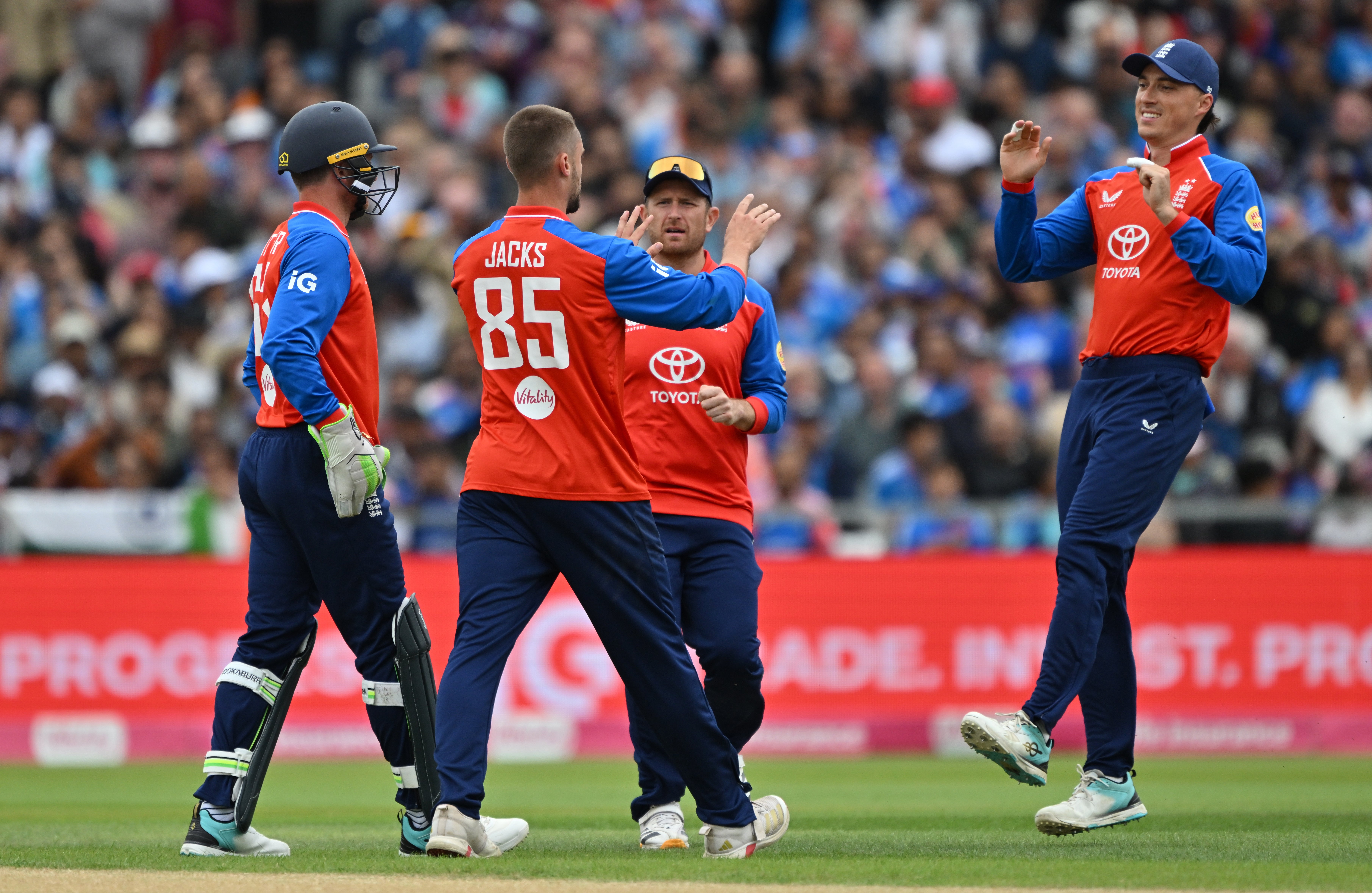 Will Jacks celebrates taking the wicket of Vaibhav Sooryavanshi (Bruce Rollinson/PA) (PA Wire)