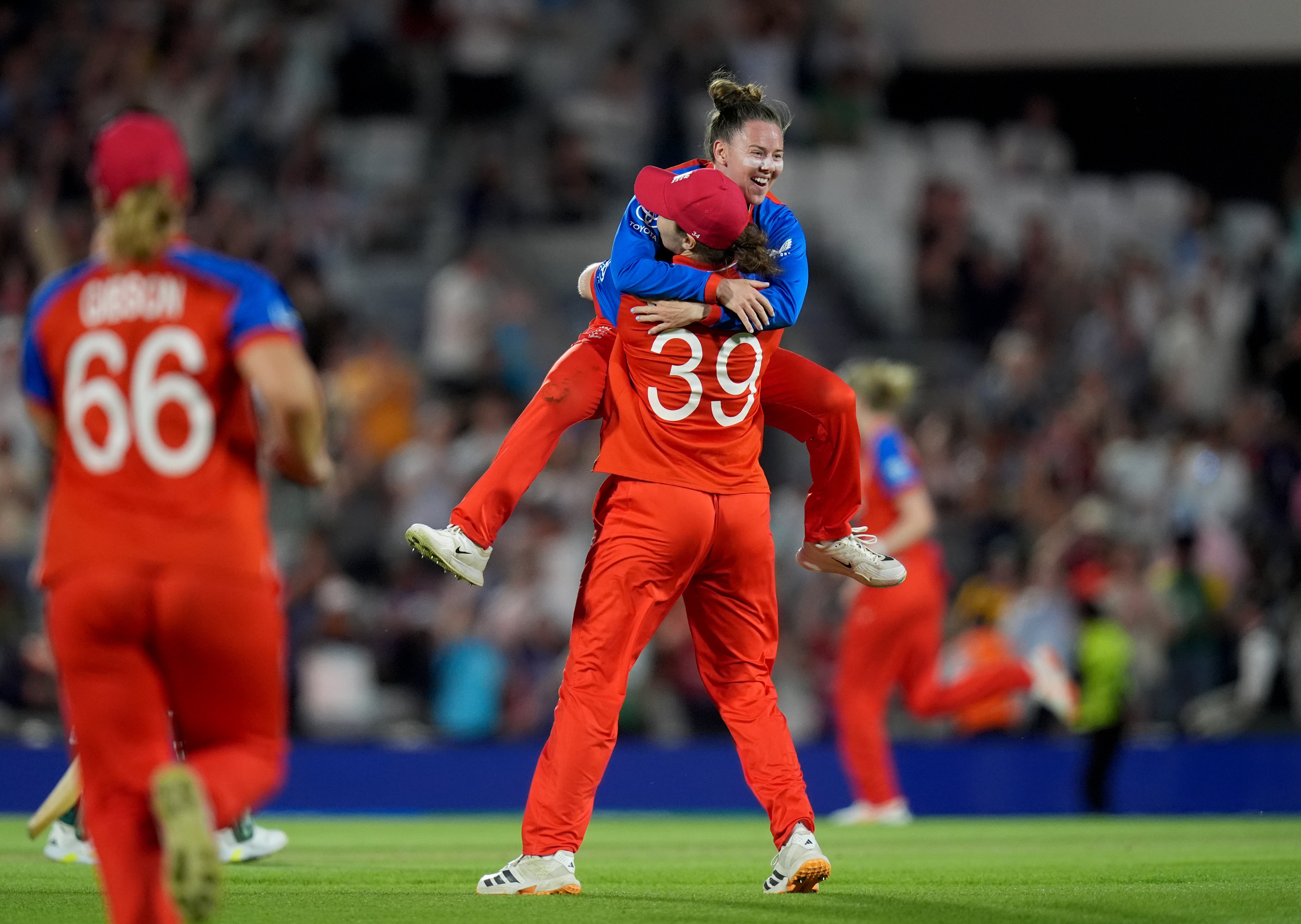England celebrate their semi-final win over South Africa (Gareth Fuller/PA).