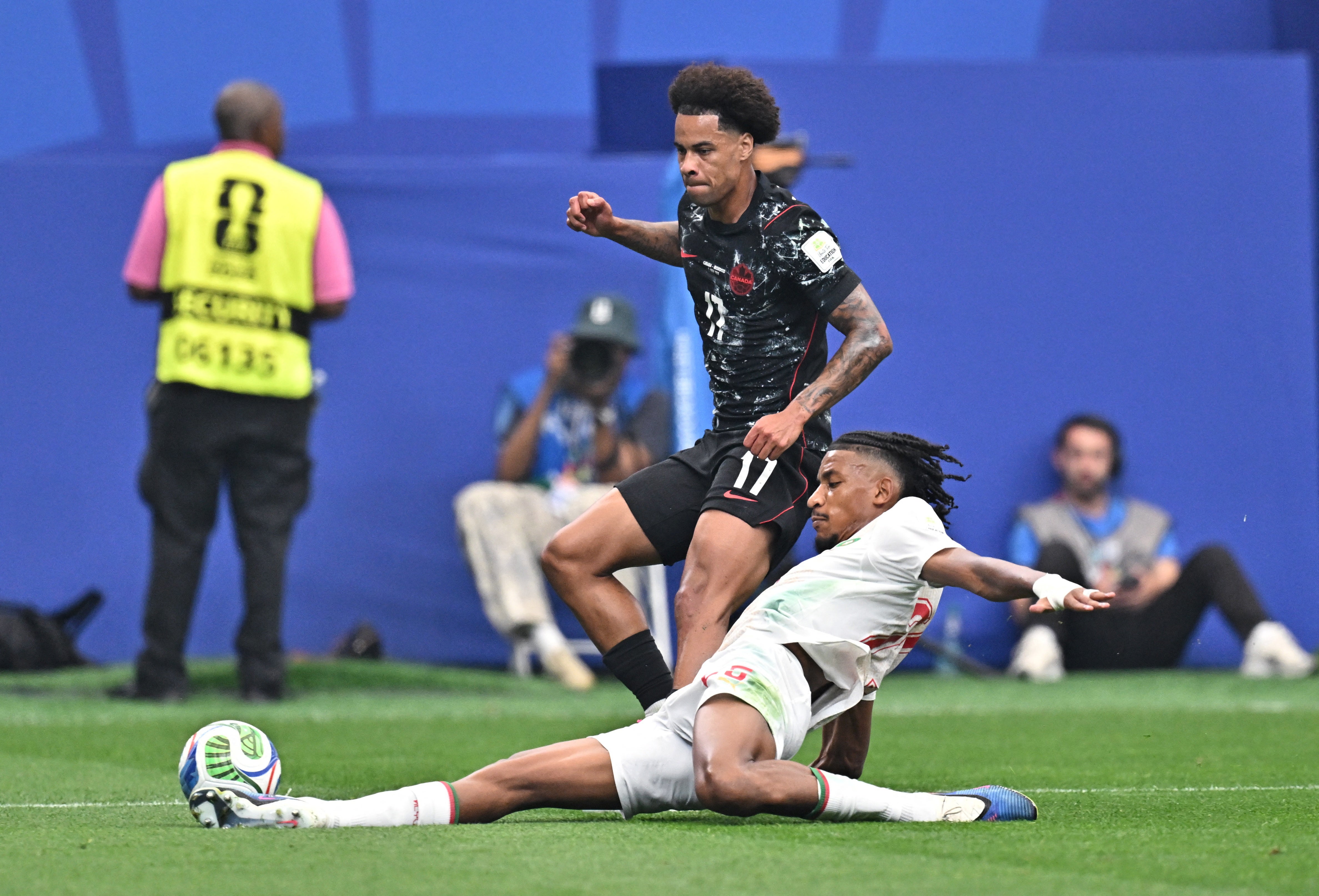 Canada's Tajon Buchanan in action with Morocco's Redouane Halhal