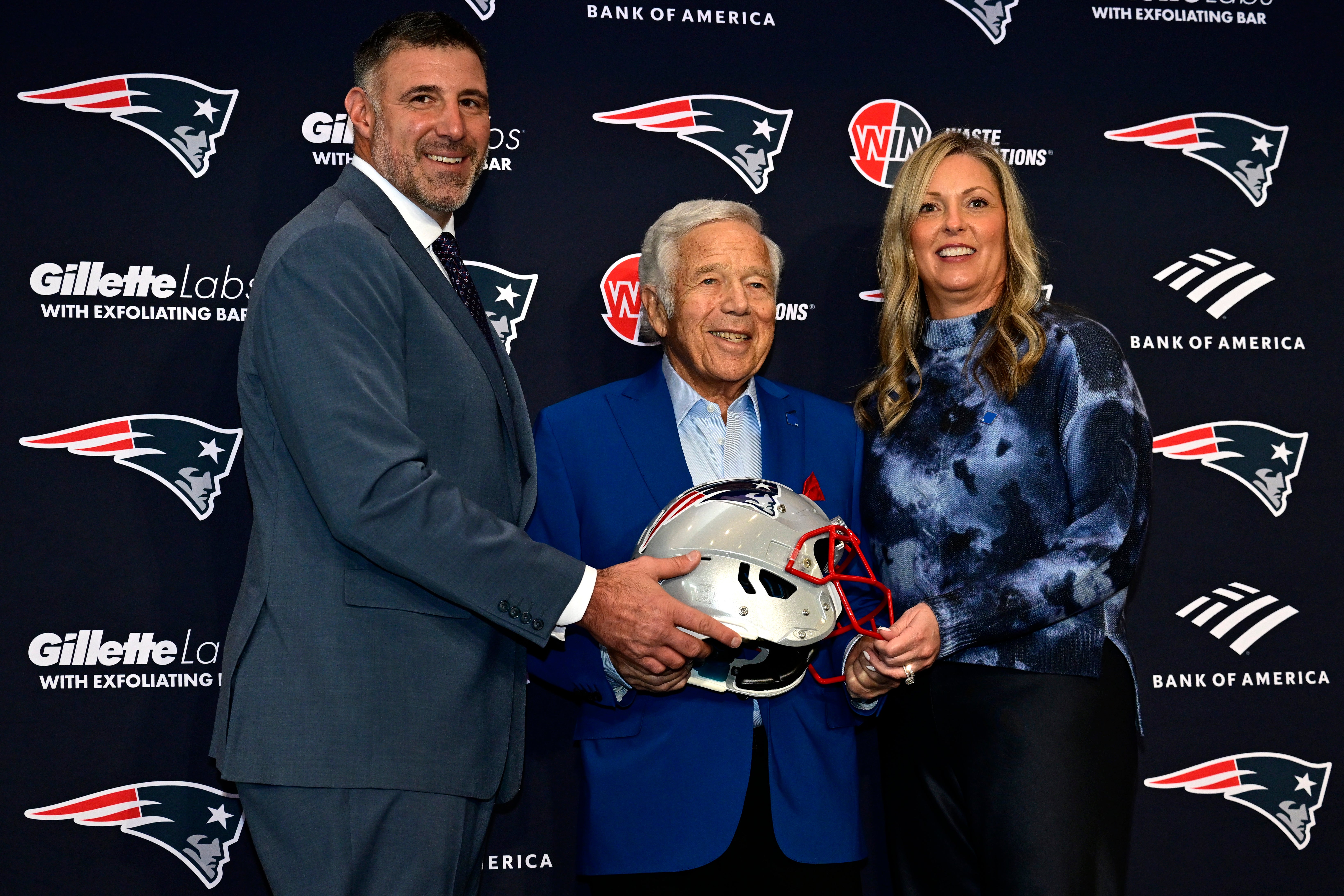 Mike Vrabel (pictured left) and his wife, Jen Vrabel (pictured right), reportedly attended Taylor Swift and Travis Kelce’s wedding Friday evening