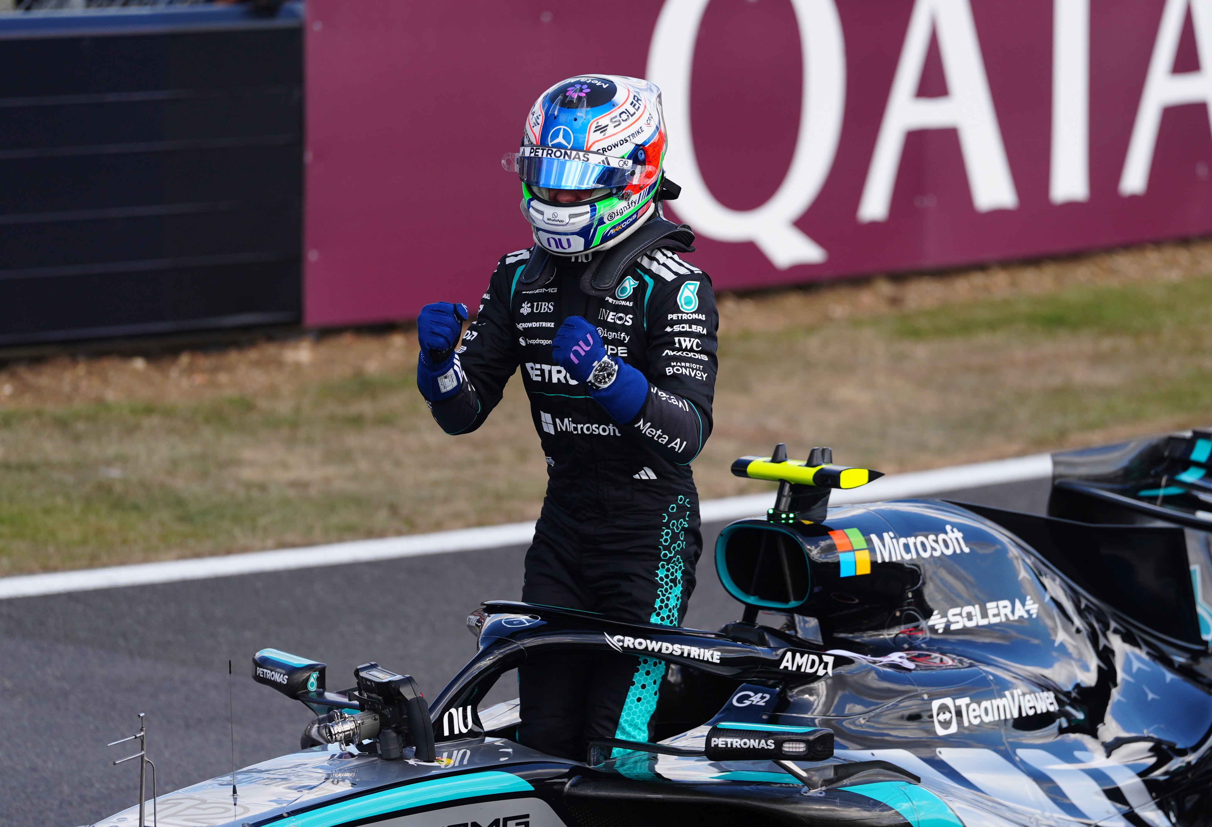 Kimi Antonelli celebrates securing pole position for the British Grand Prix (David Davies/PA)