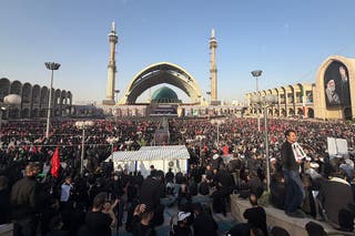 Mourners gather at the Grand Mosalla to pay their final respects to Iran's slain supreme leader Ayatollah Ali Khamenei at the start of his funeral ceremonies
