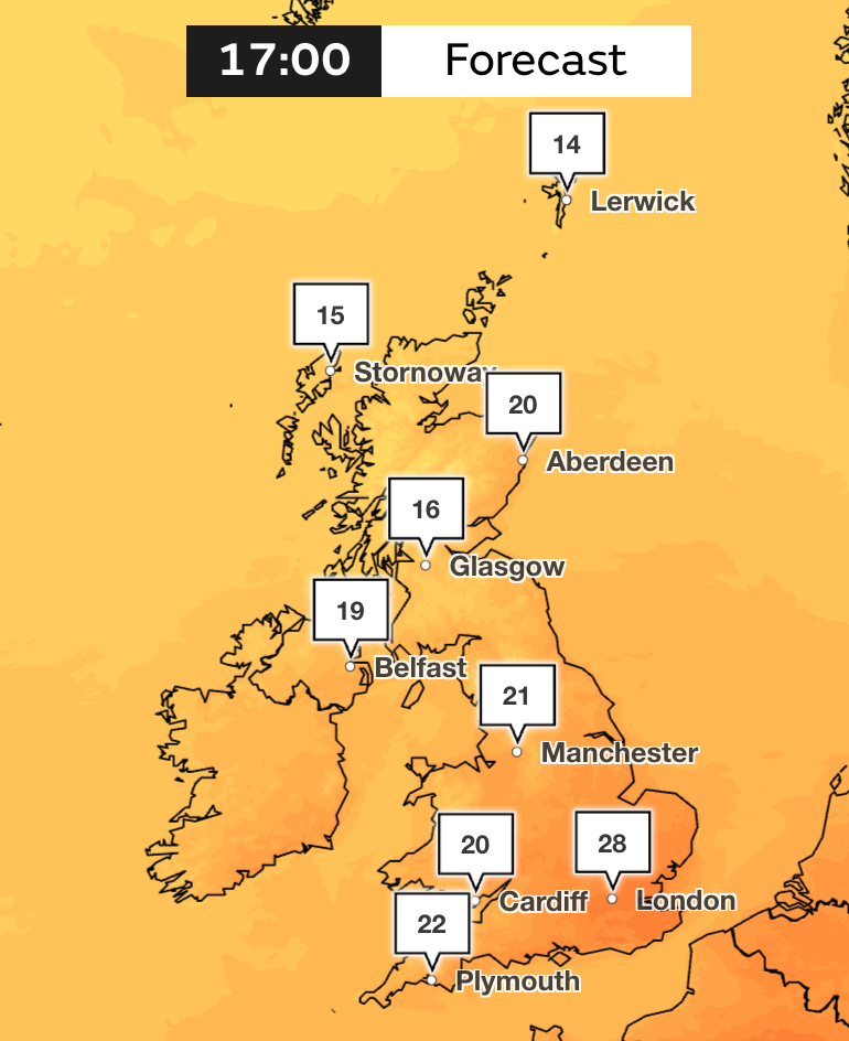 Saturday promises mild to hot temperatures across the UK, with highs of 28C in London