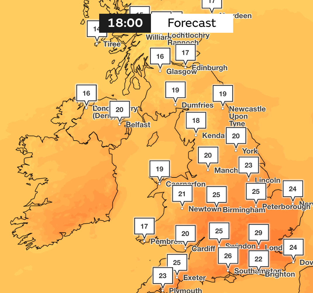 Forecast for Sunday as temperatures rocket to 29C