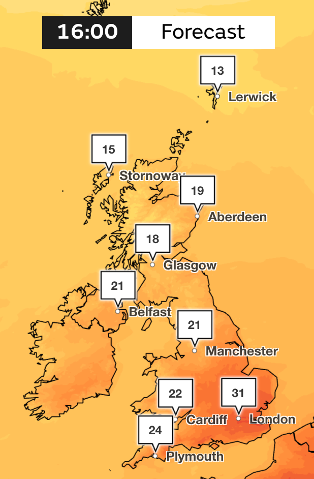 Monday will bring a sweltering 31C to the capital and areas of the southeast
