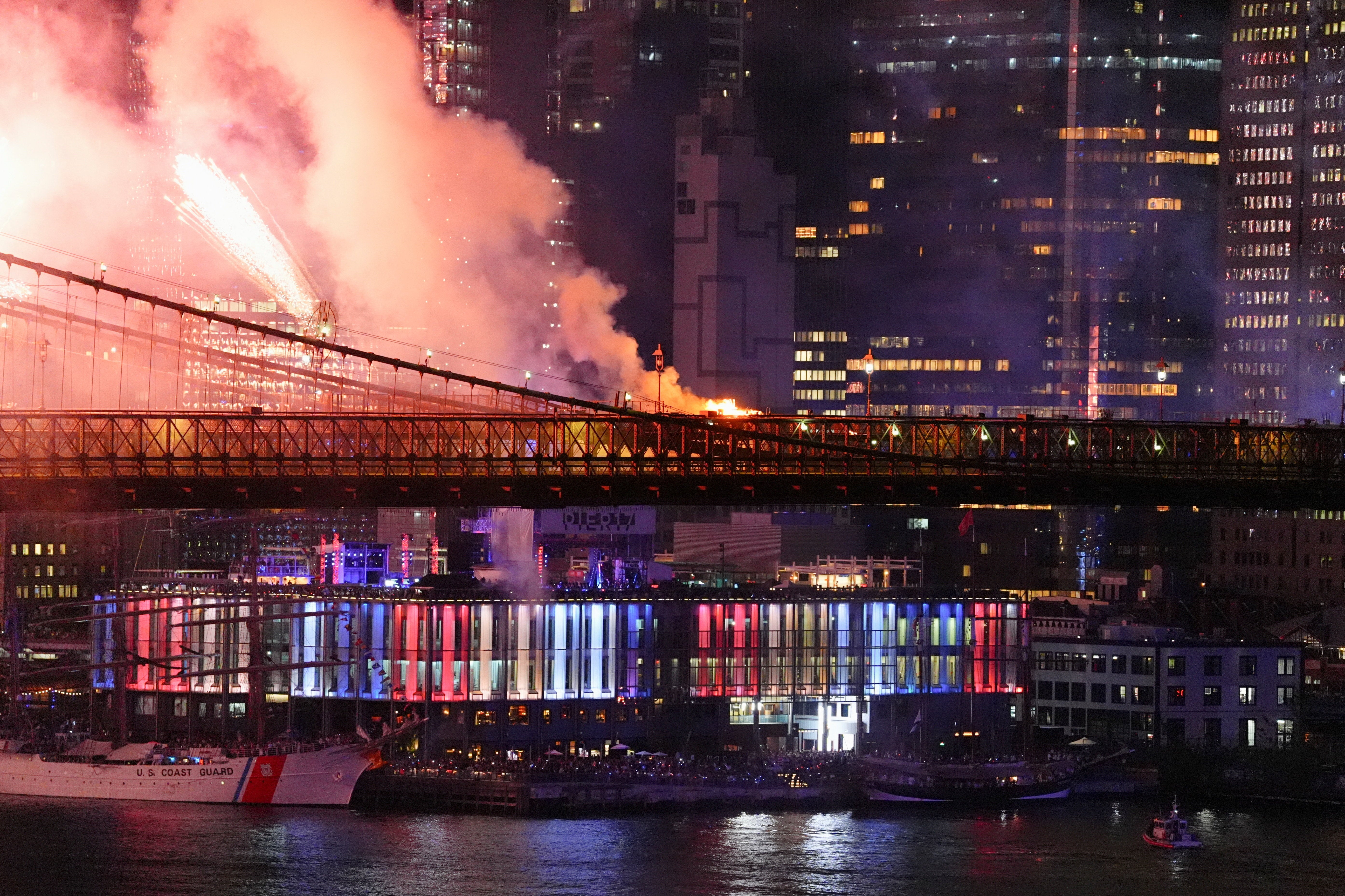 Images showed flames and smoke billowing from the middle of the iconic bridge