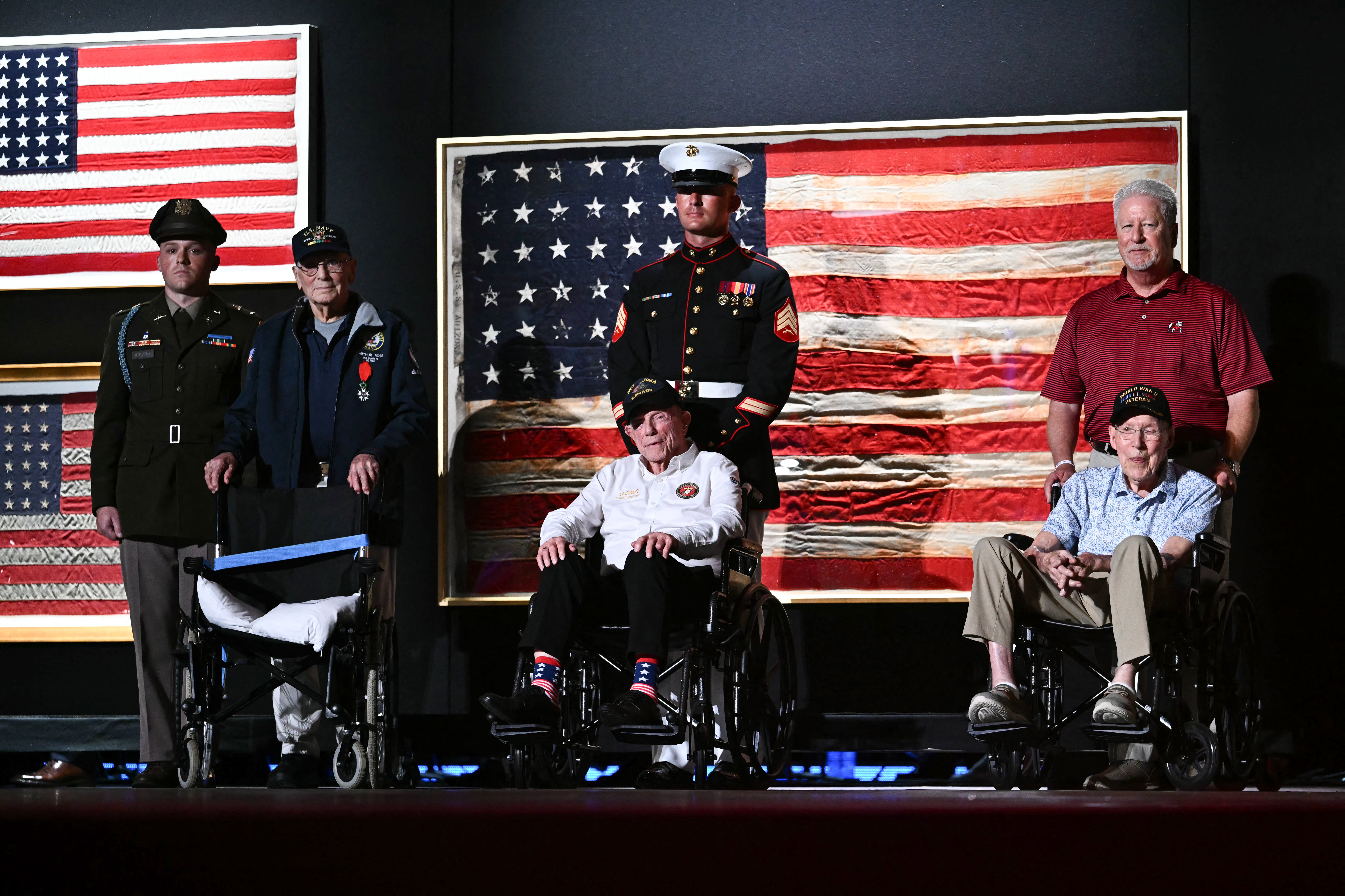 Trump brought out several veterans and flags that flew at key points in American history for his speech