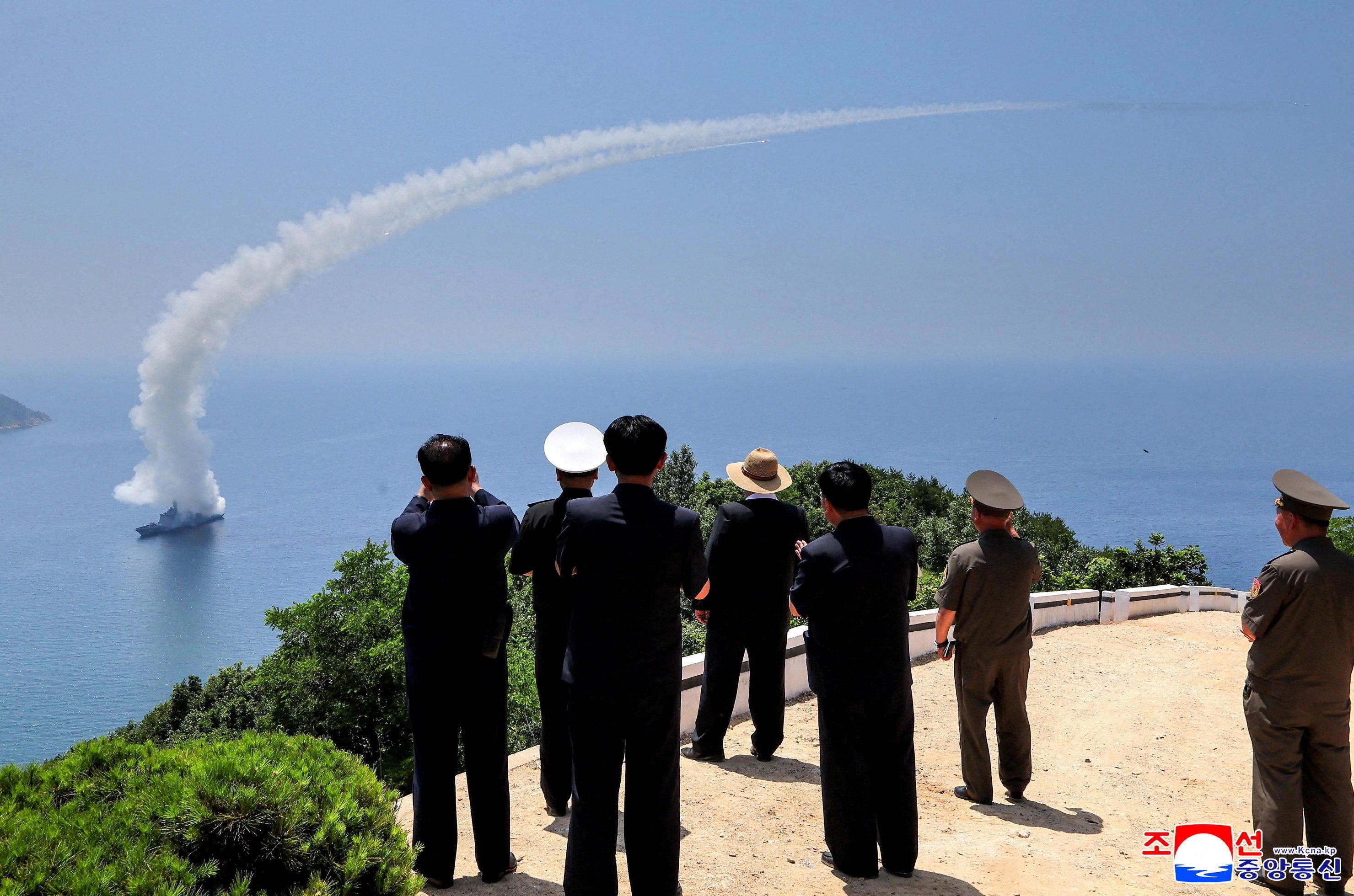 North Korean leader Kim Jong Un observes an assessment of the newly built naval destroyer Kang Kon's combat systems, including the test firing of a strategic cruise missile, at an unknown location in North Korea, 3 July 2026, in this picture released 5 July 2026 by North Korea's official Korean Central News Agency (Reuters)