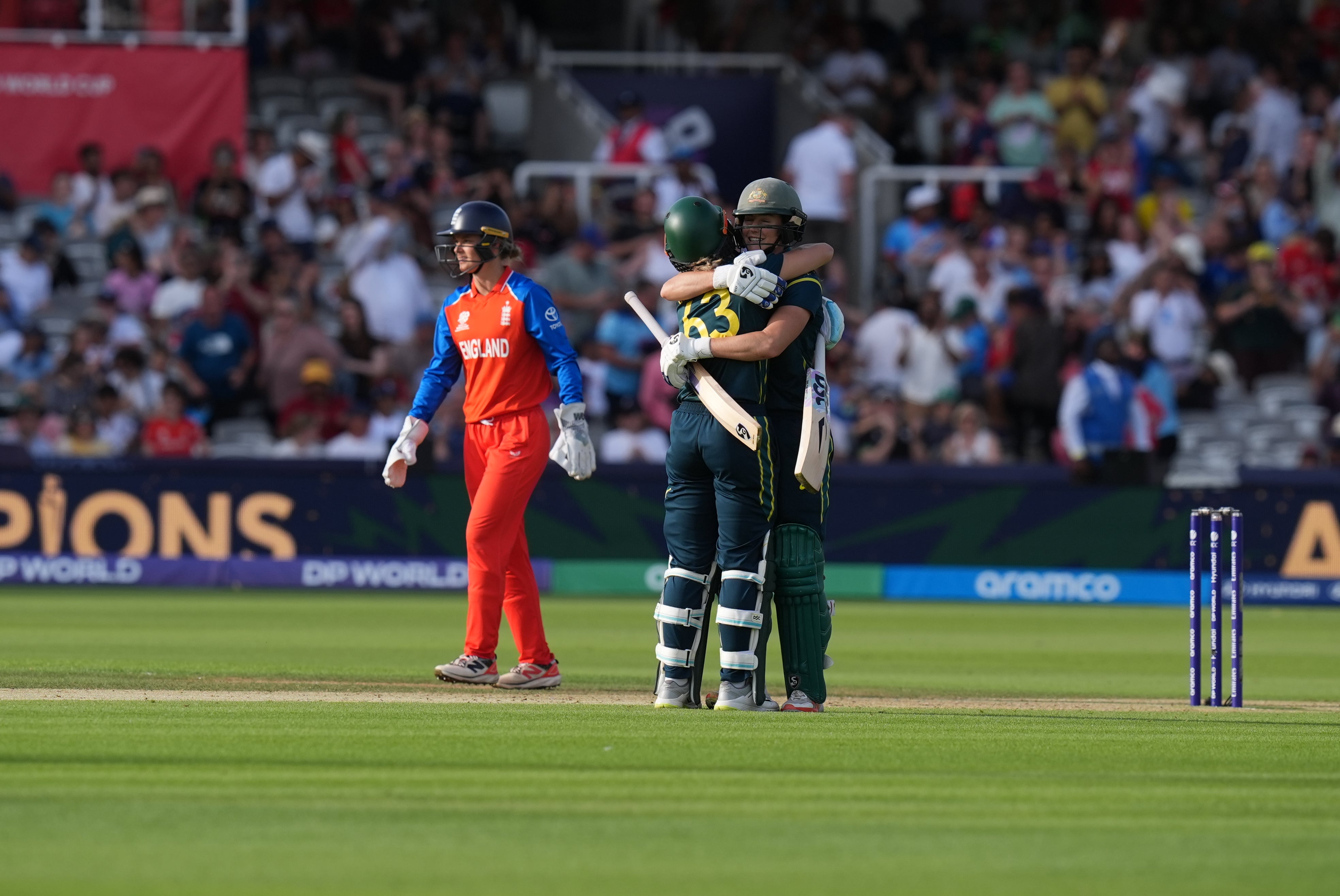 Australia’s Ashleigh Gardner and Ellyse Perry celebrate after the ICC Women’s T20 World Cup final (Gareth Fuller/PA) (PA Wire)