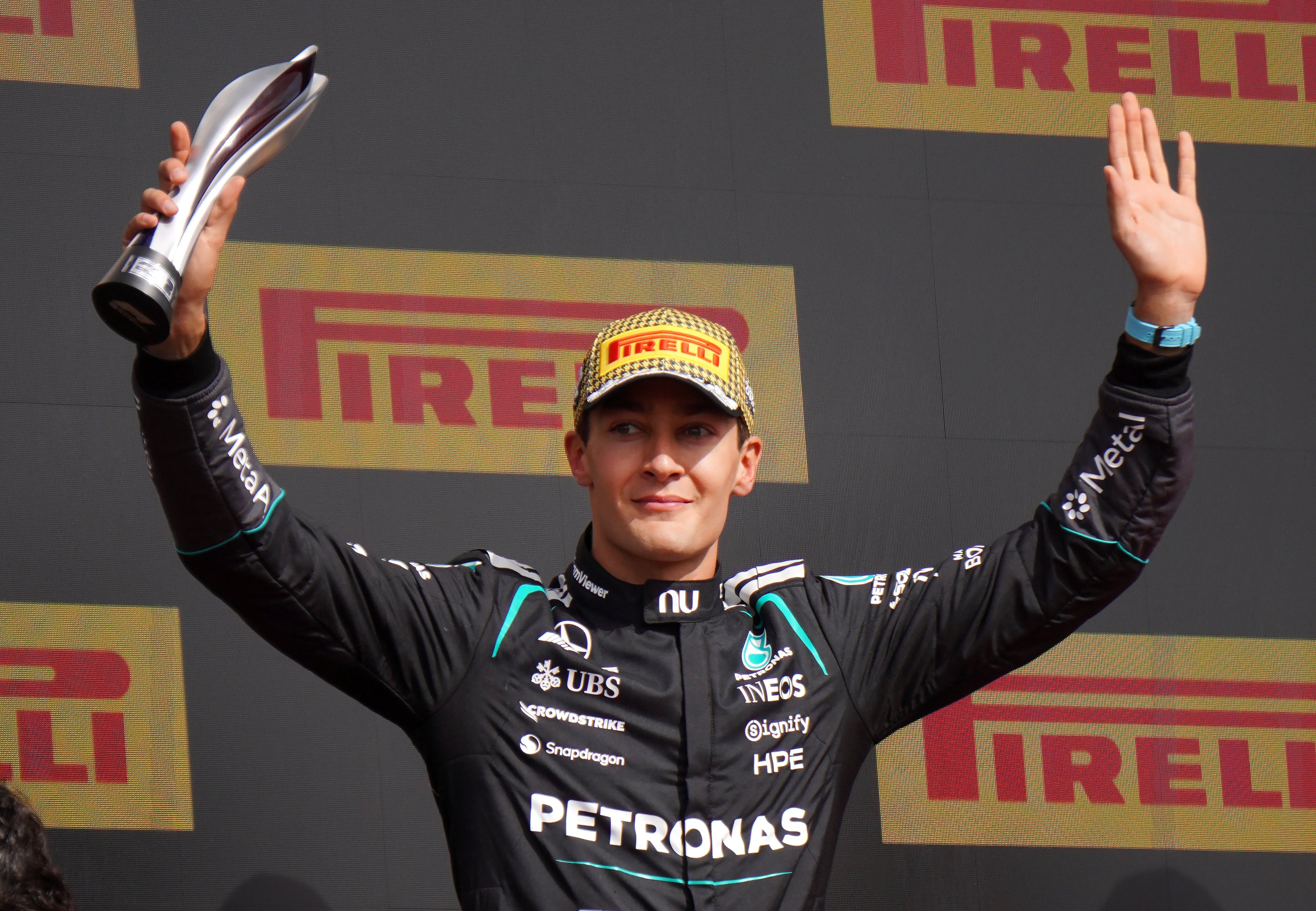 It was a good day for Mercedes’ George Russell, who came second (Matthew Vincent/PA)
