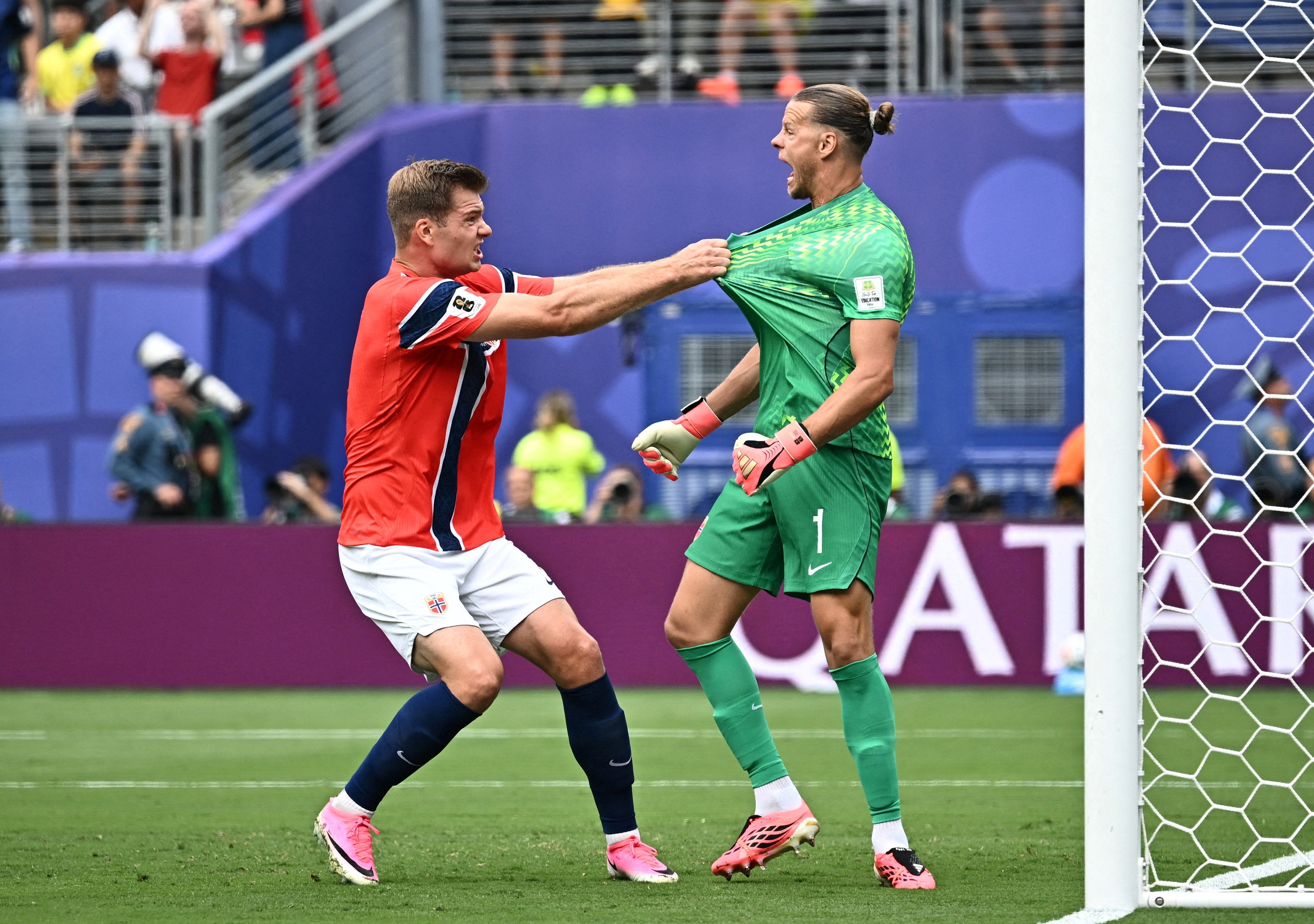 Norway's Orjan Nyland celebrates with Alexander Sorloth (Reuters)