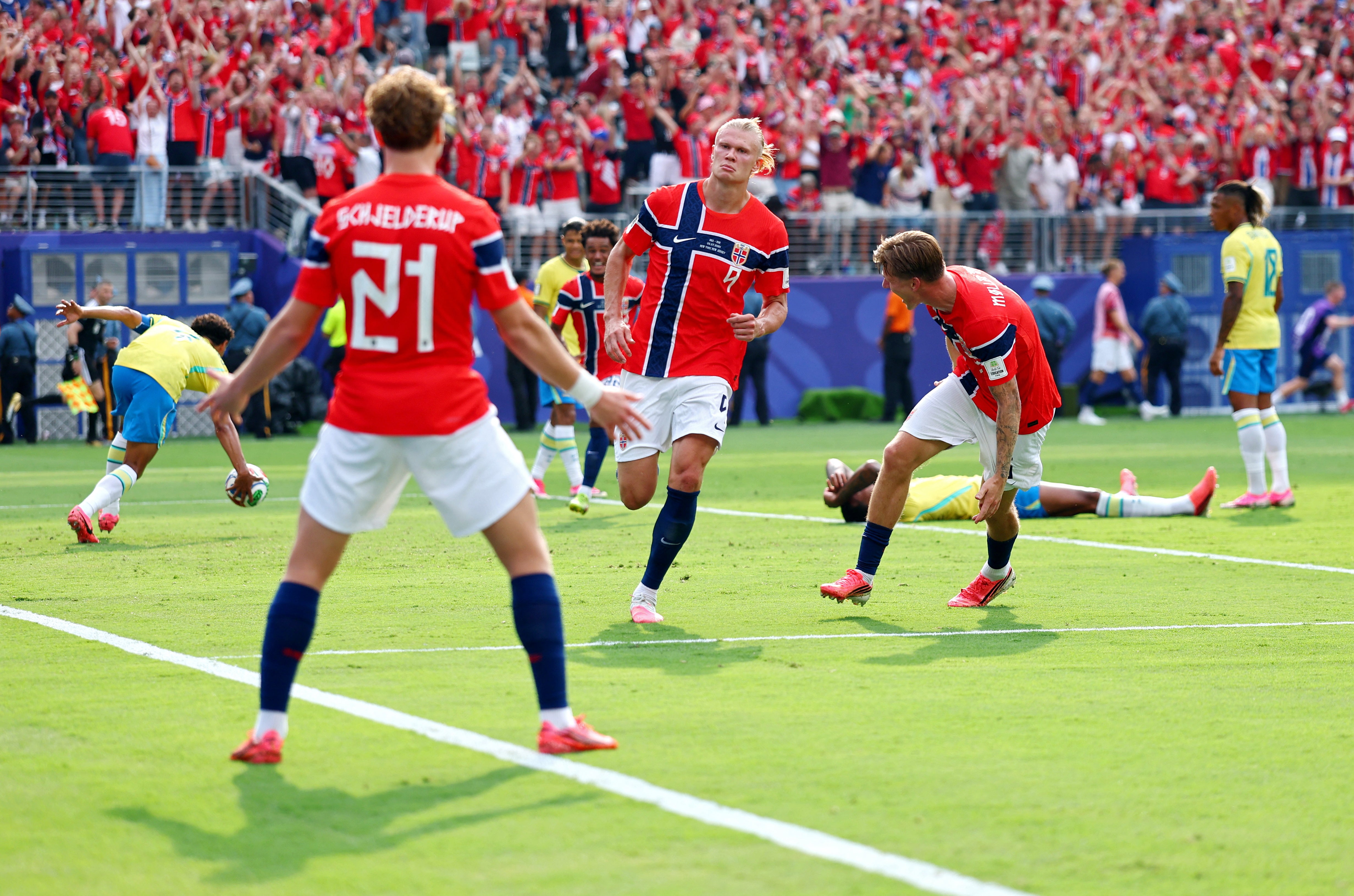 Erling Haaland heads home Norway’s opener as Gabriel is beaten