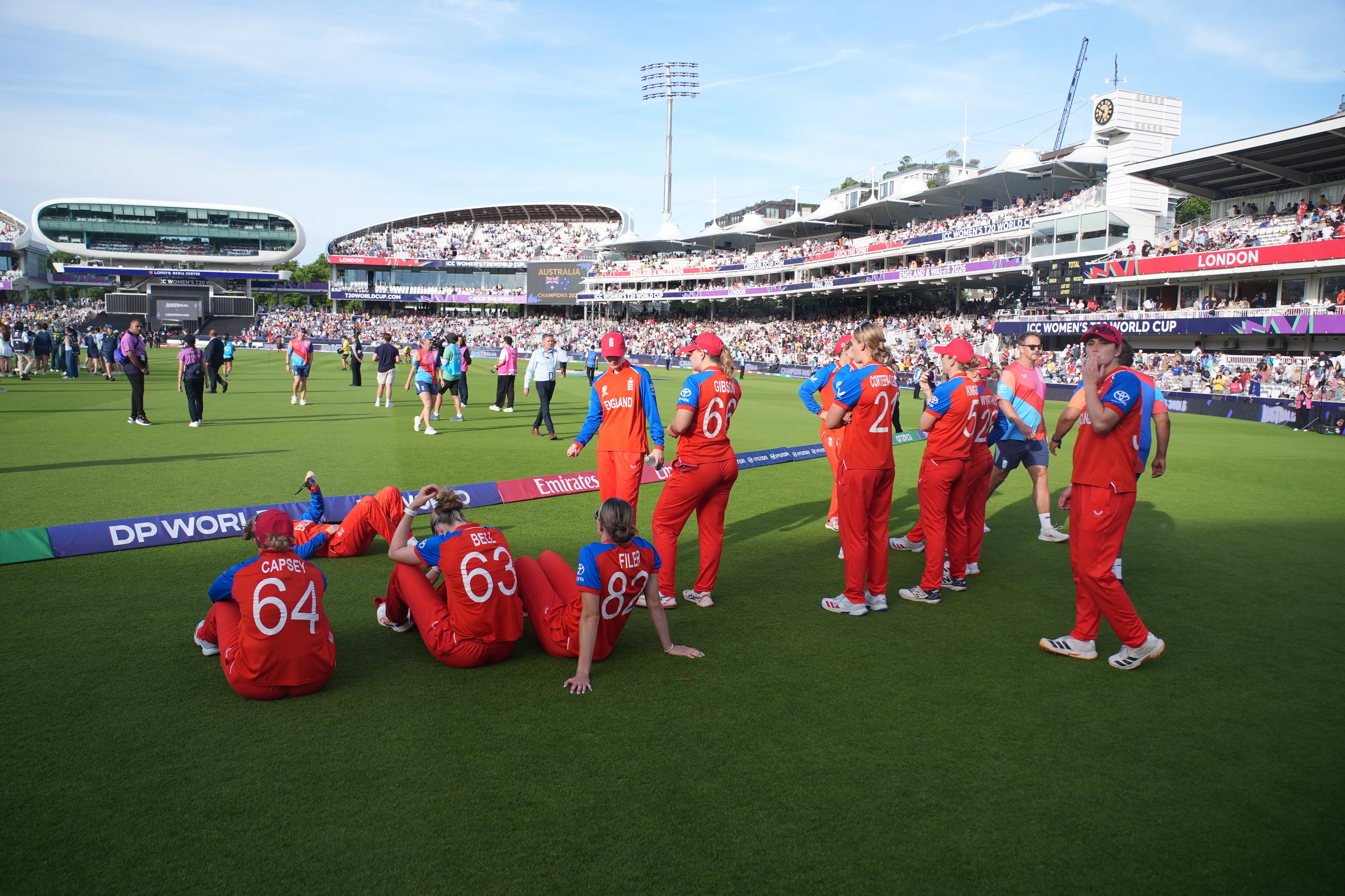 England players after the ICC Women’s T20 World Cup final at Lord’s Cricket Ground (Gareth Fuller/PA)