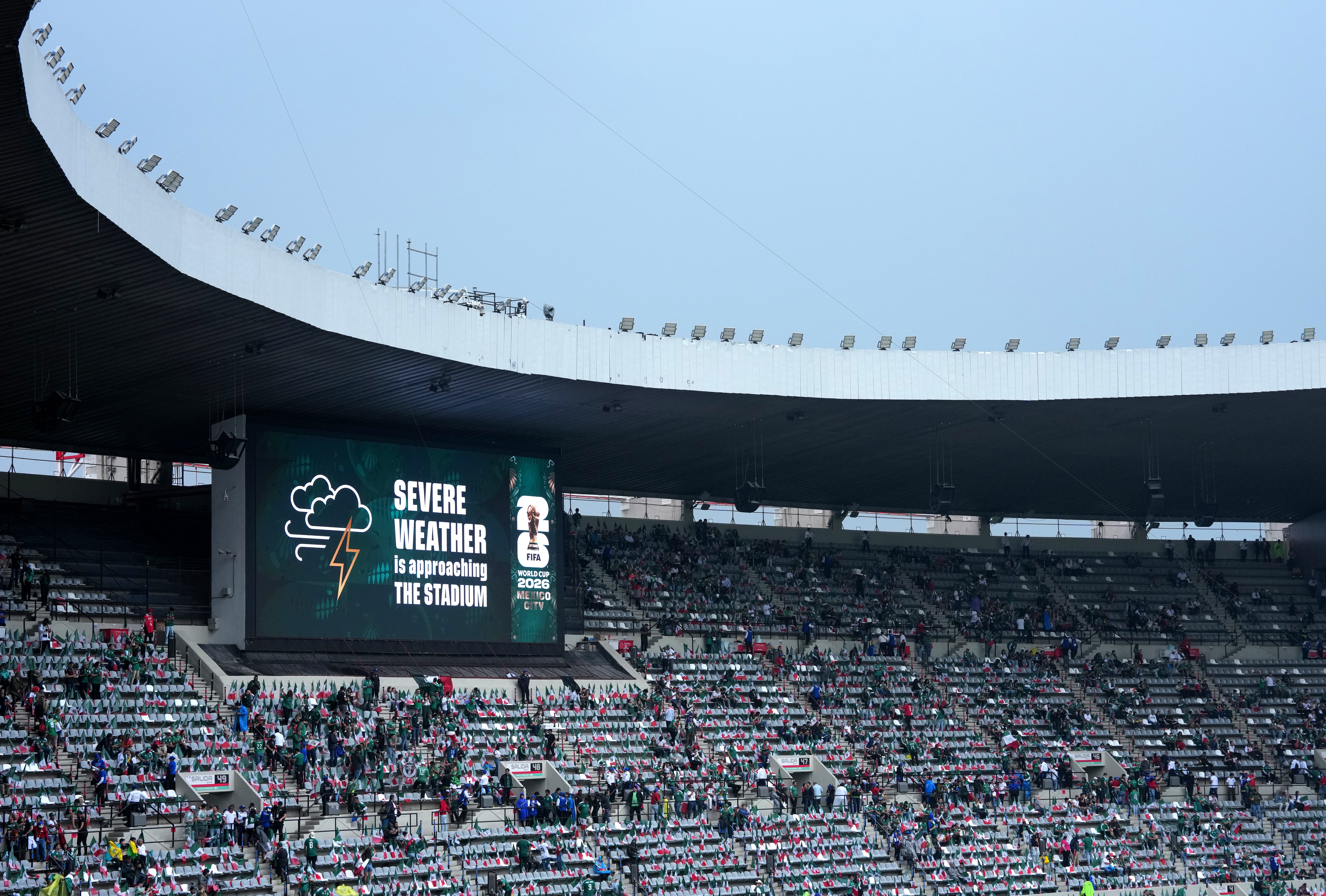 A general view of a severe weather warning on the big screen