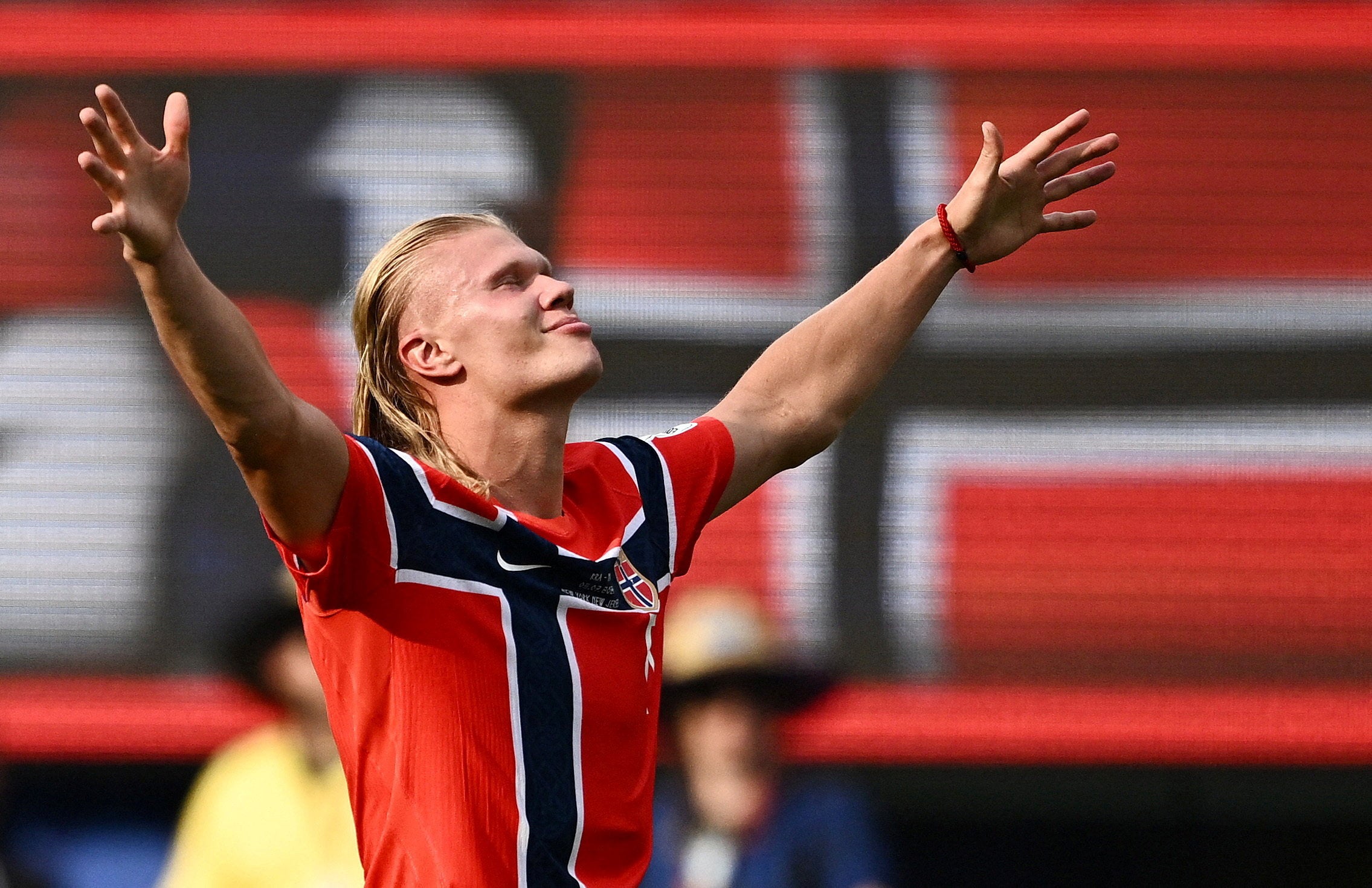 Erling Haaland celebrates after scoring against Brazil
