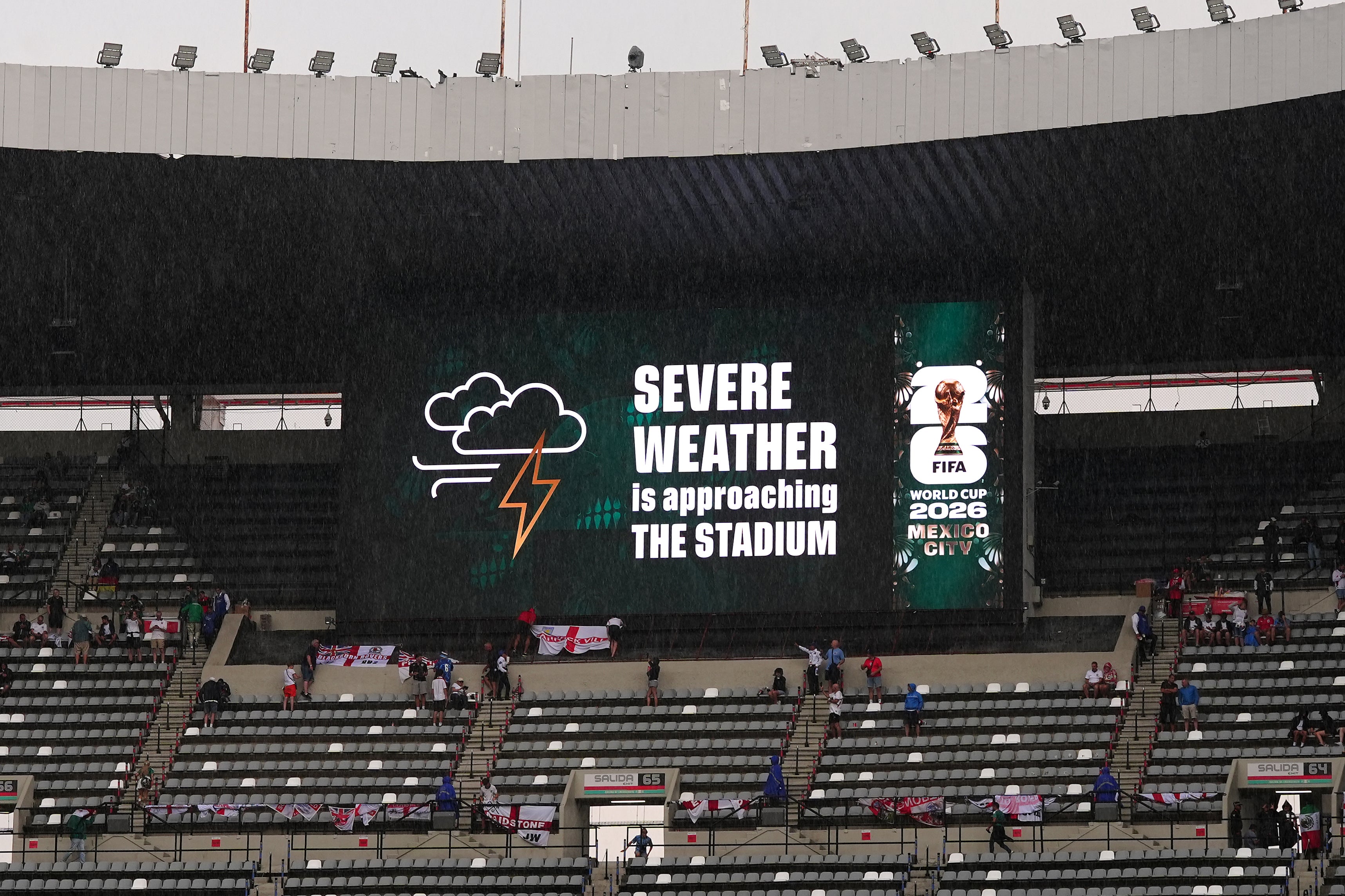 A weather warning is shown on a large screen in the stadium in Mexico (Bradley Collyer/PA) (PA Wire)