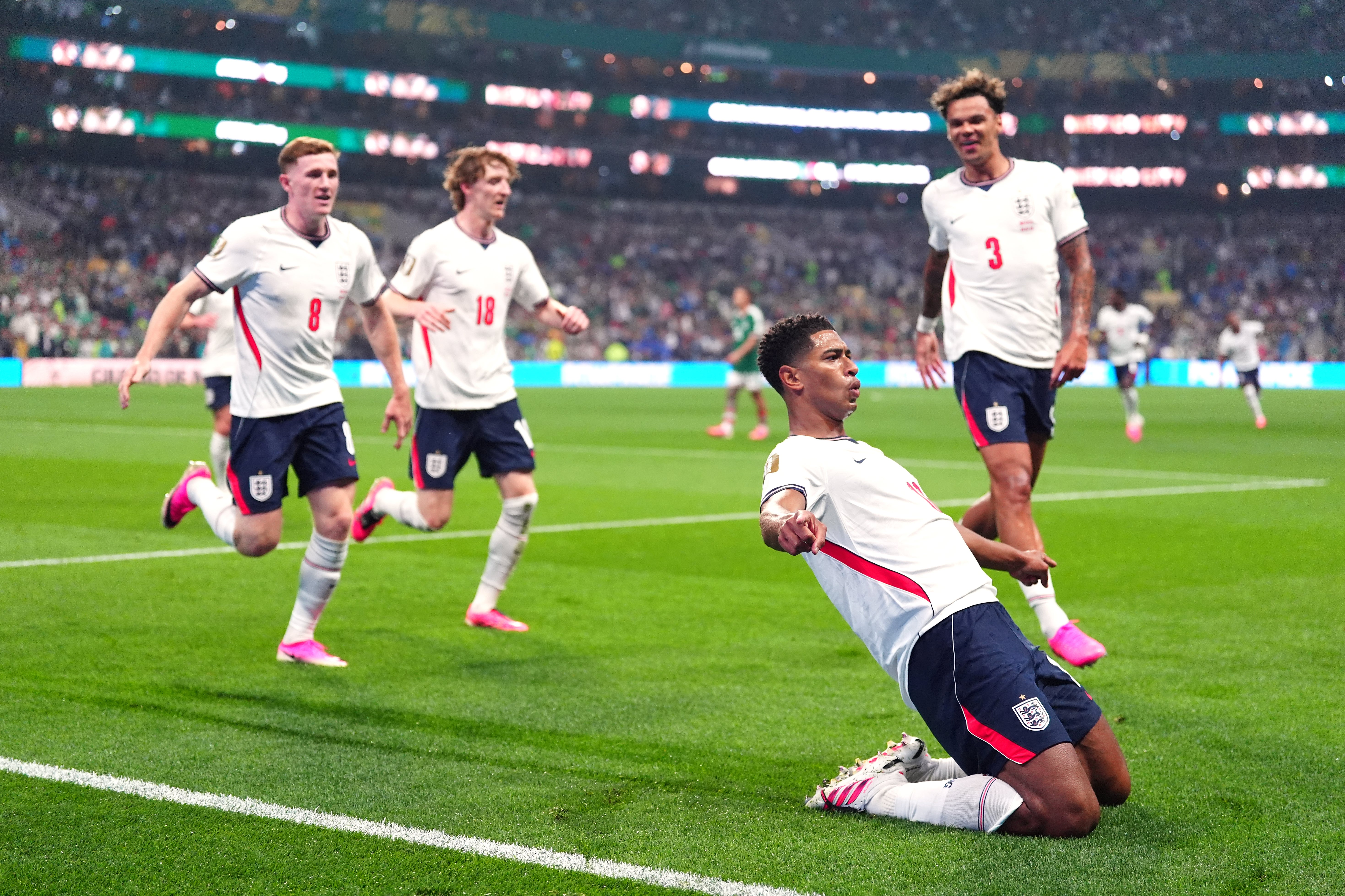 Jude Bellingham celebrates after scoring England's second goal