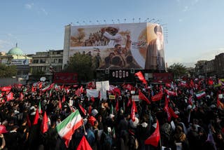 Mourners gather on the day of a funeral procession for Iran's late Supreme Leader Ayatollah Ali Khamenei