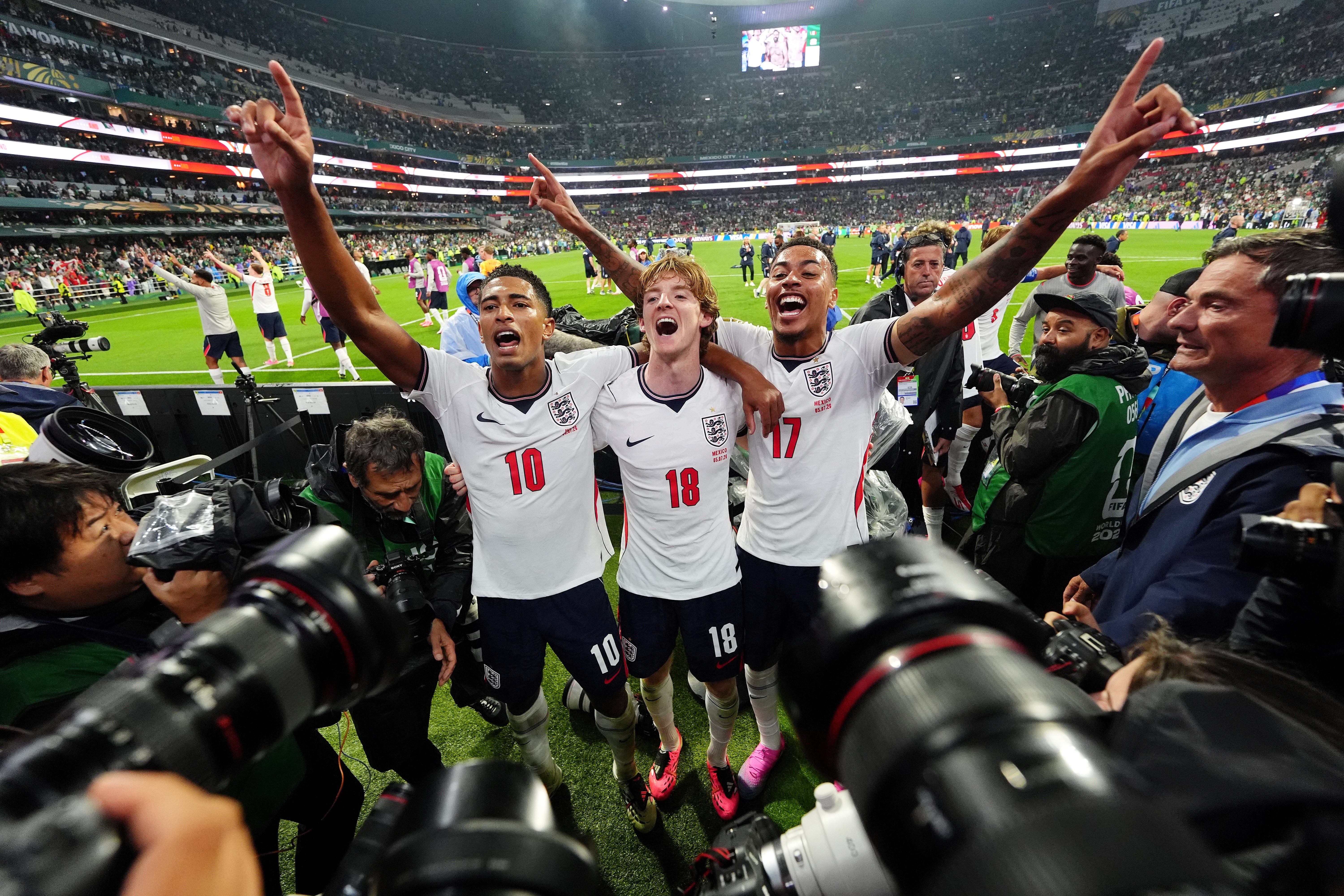England’s Jude Bellingham (left), Anthony Gordon and Morgan Rogers (right) celebrate. (Nick Potts/PA)
