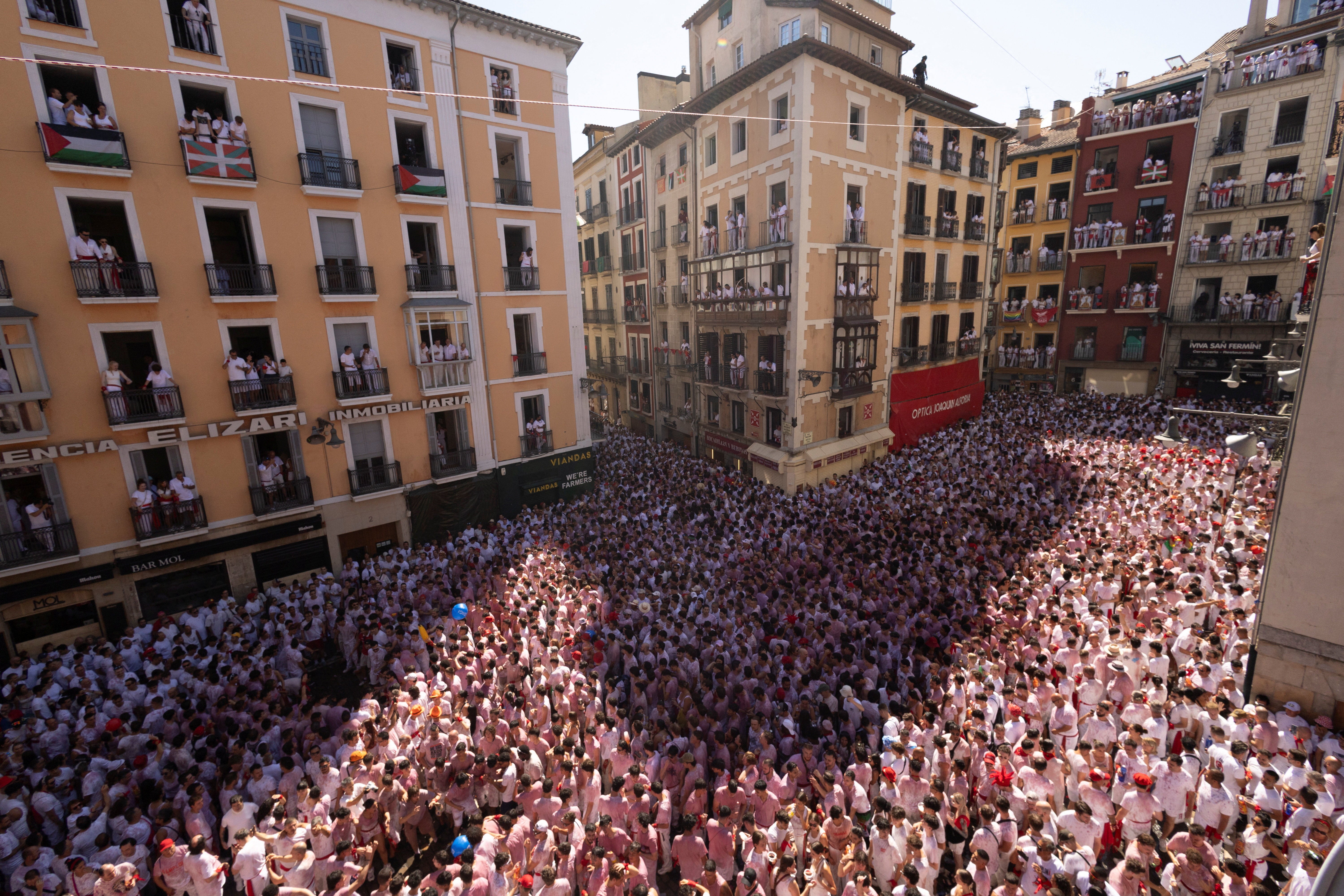 Revellers participate in the Chupinazo, the opening ceremony of the San Fermin festival in Pamplona (Reuters)