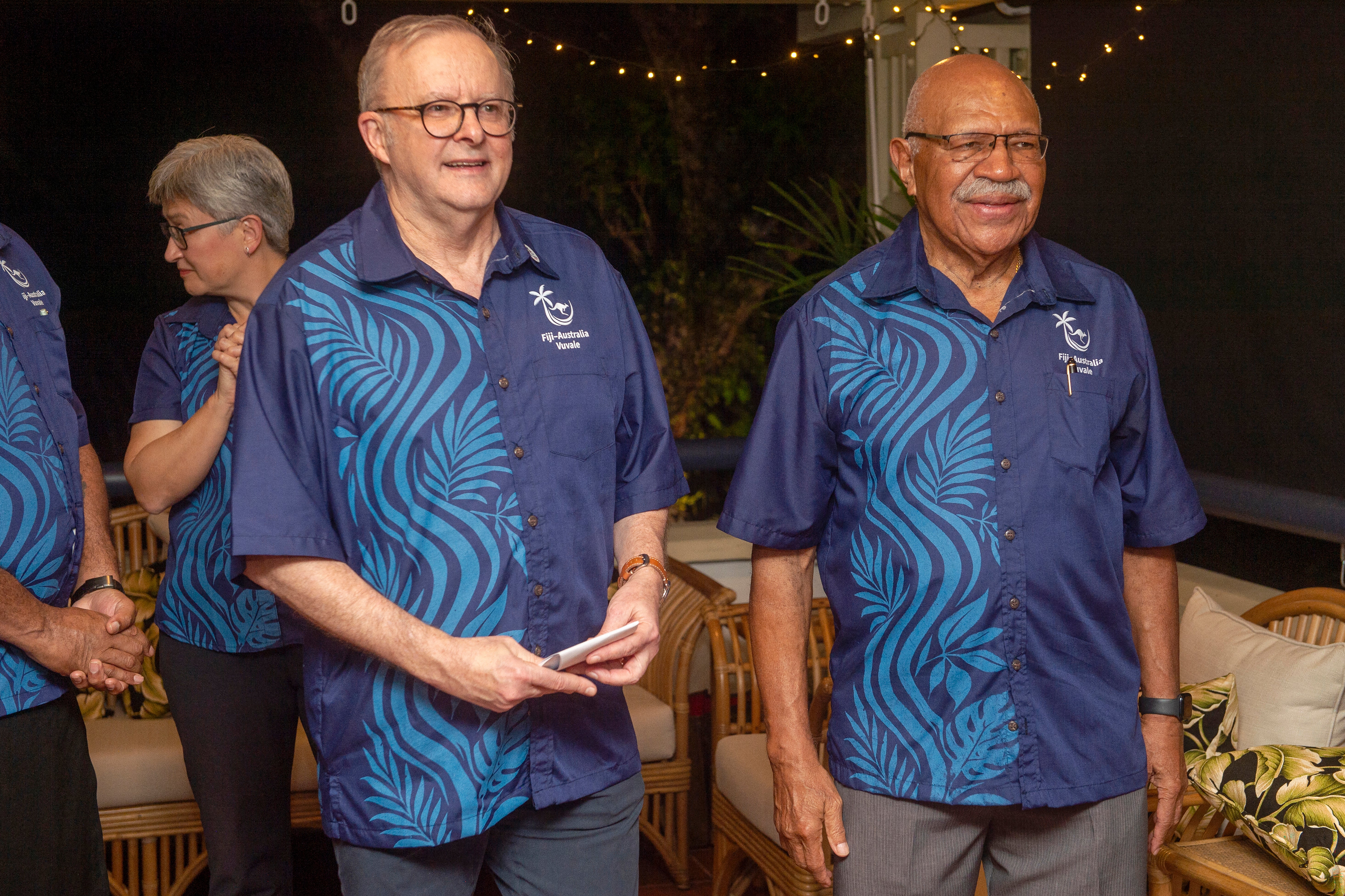 Anthony Albanese with Fiji's prime minister Sitiveni Rabuka, right, at the Australian high commissioner’s residence in Suva on 6 July 2026