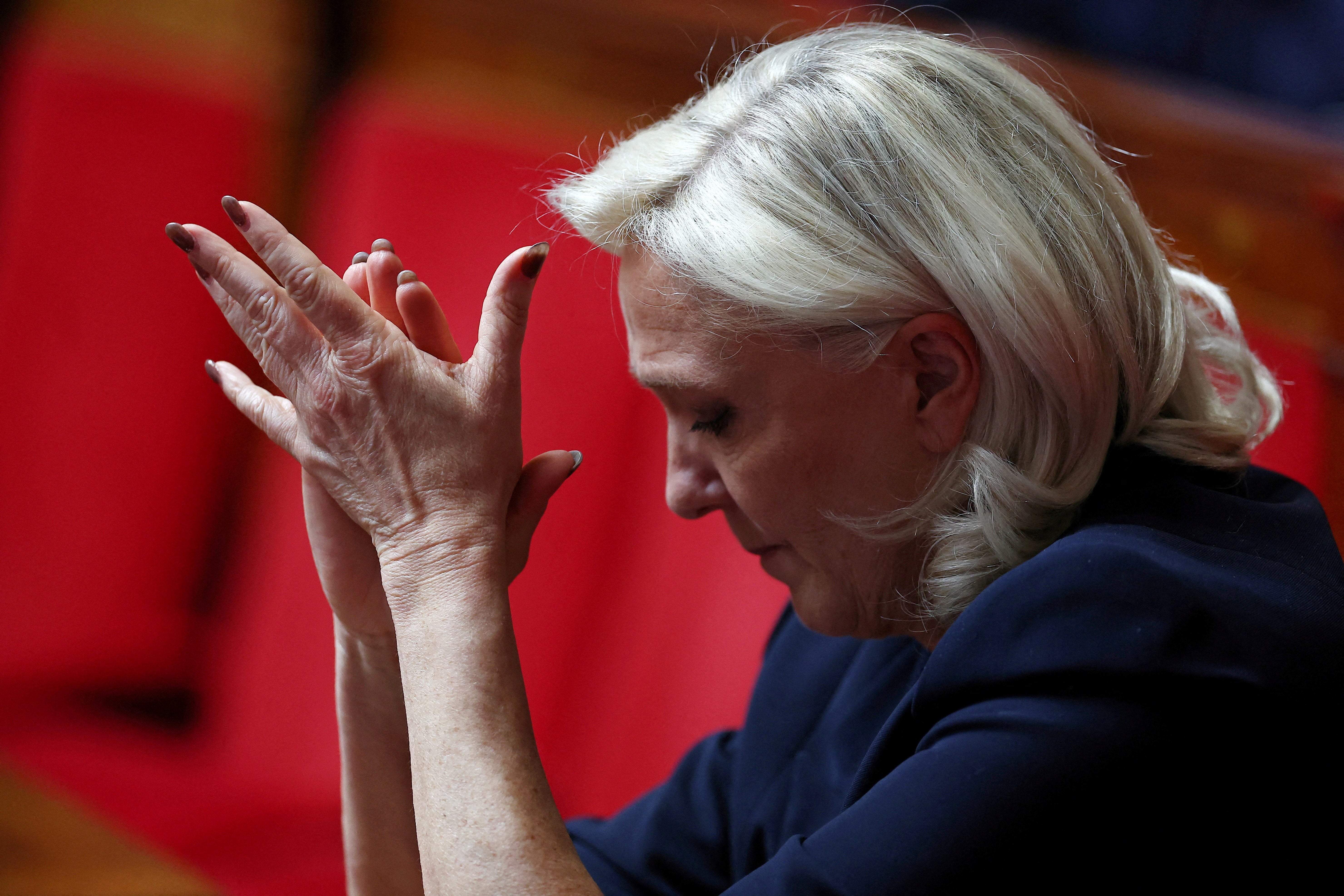 Marine Le Pen applauds during questions to the government sessions at the National Assembly in Paris in June