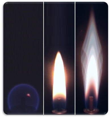 A candle flame is seen in free fall or microgravity on the left, in lunar gravity in the center and in Earth’s gravity on the right. Flame is more rounded in lunar gravity
