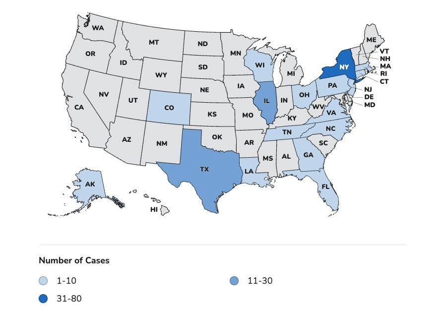 This map from the U.S. Centers for Disease Control and Prevention shows cases of cyclosporiasis in the U.S. as of May 1, 2026. ‘Cyclosporiasis cases may not be limited to these states with known cases. The true number of people sick with cyclosporiasis was likely higher than the number reported,’ the agency says.