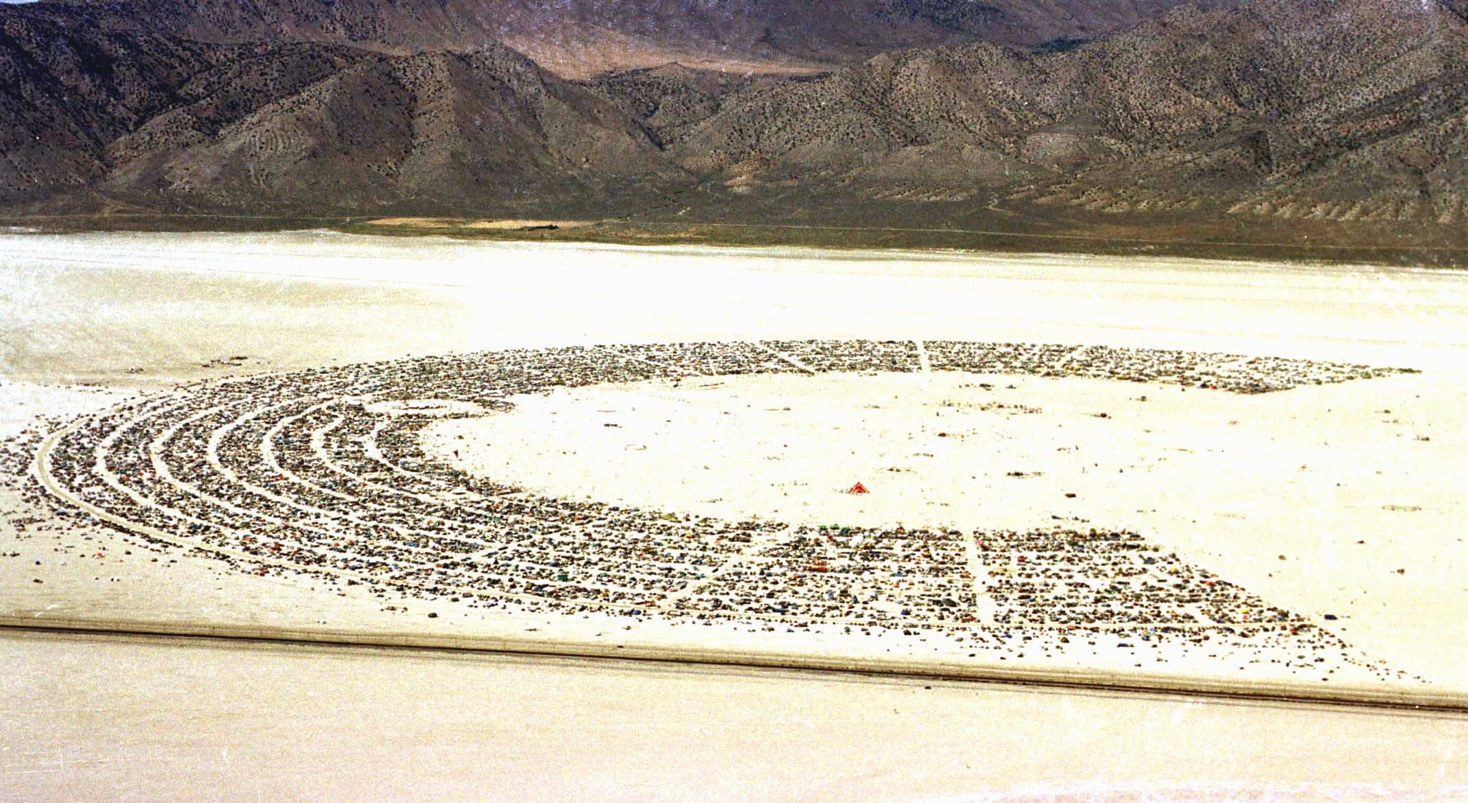 An aerial view of Burning Man’s Black Rock City in 1999