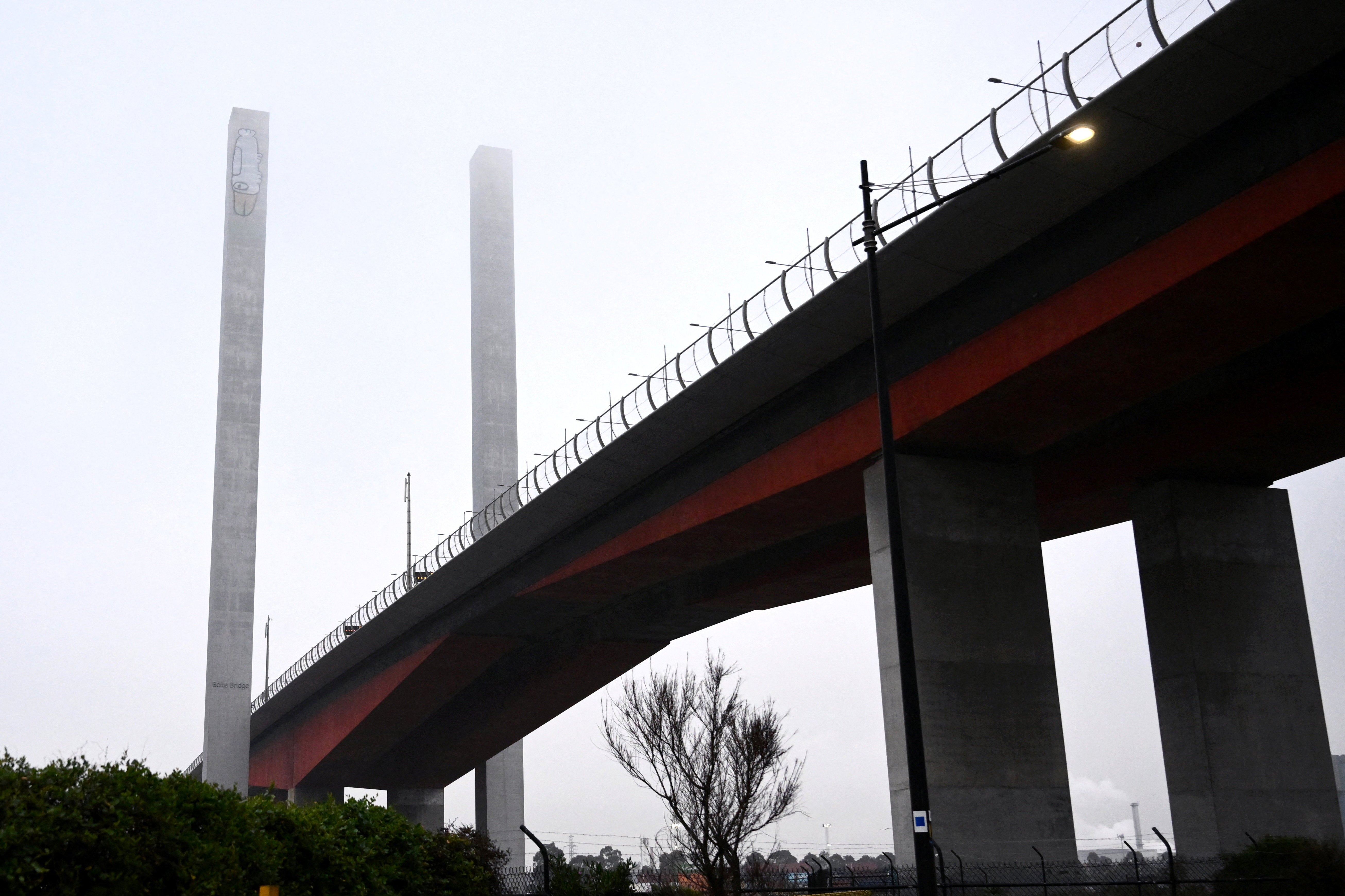 A graffiti tag often associated with ‘Pam the Bird’ on the eastern pylon of the Bolte Bridge in Melbourne, Australia, July 7, 2026