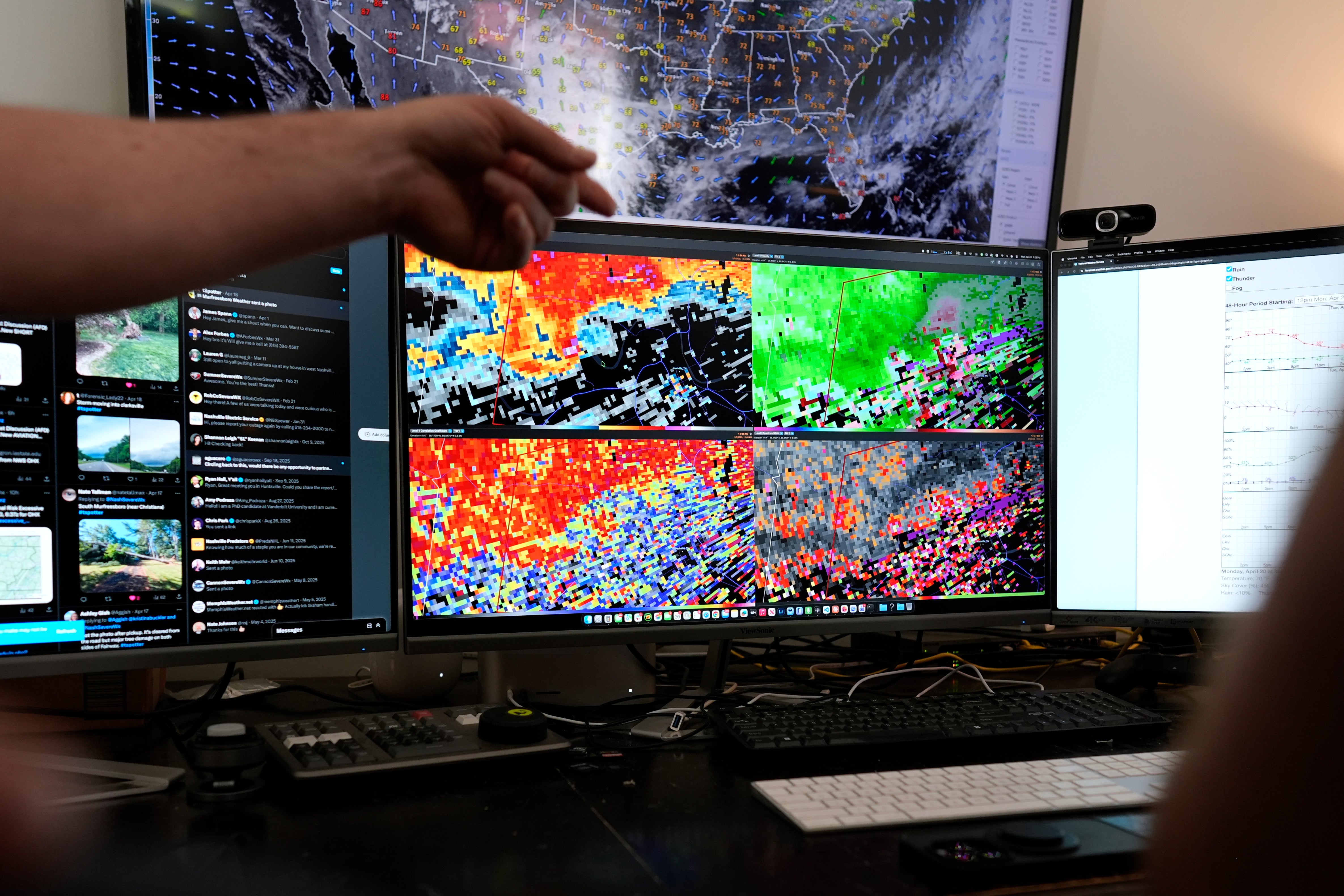 Weather information is displayed on a monitor at the Nashville Severe Weather headquarters