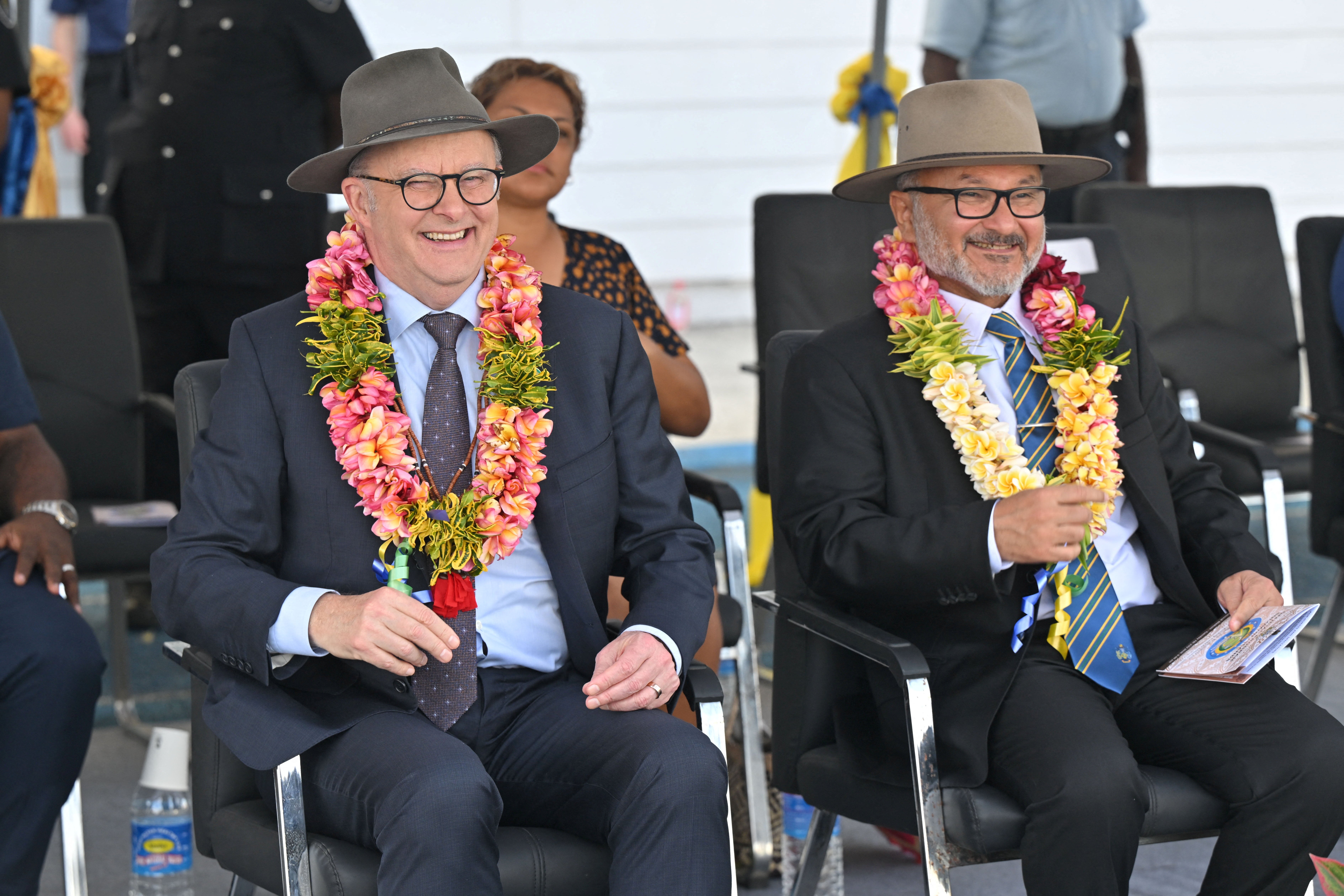 Australia's Prime Minister Anthony Albanese and Solomon Islands Prime Minister Matthew Wale wear garlands during Independence Day celebrations at National Stadium in Honiara, Solomon Islands, July 7,