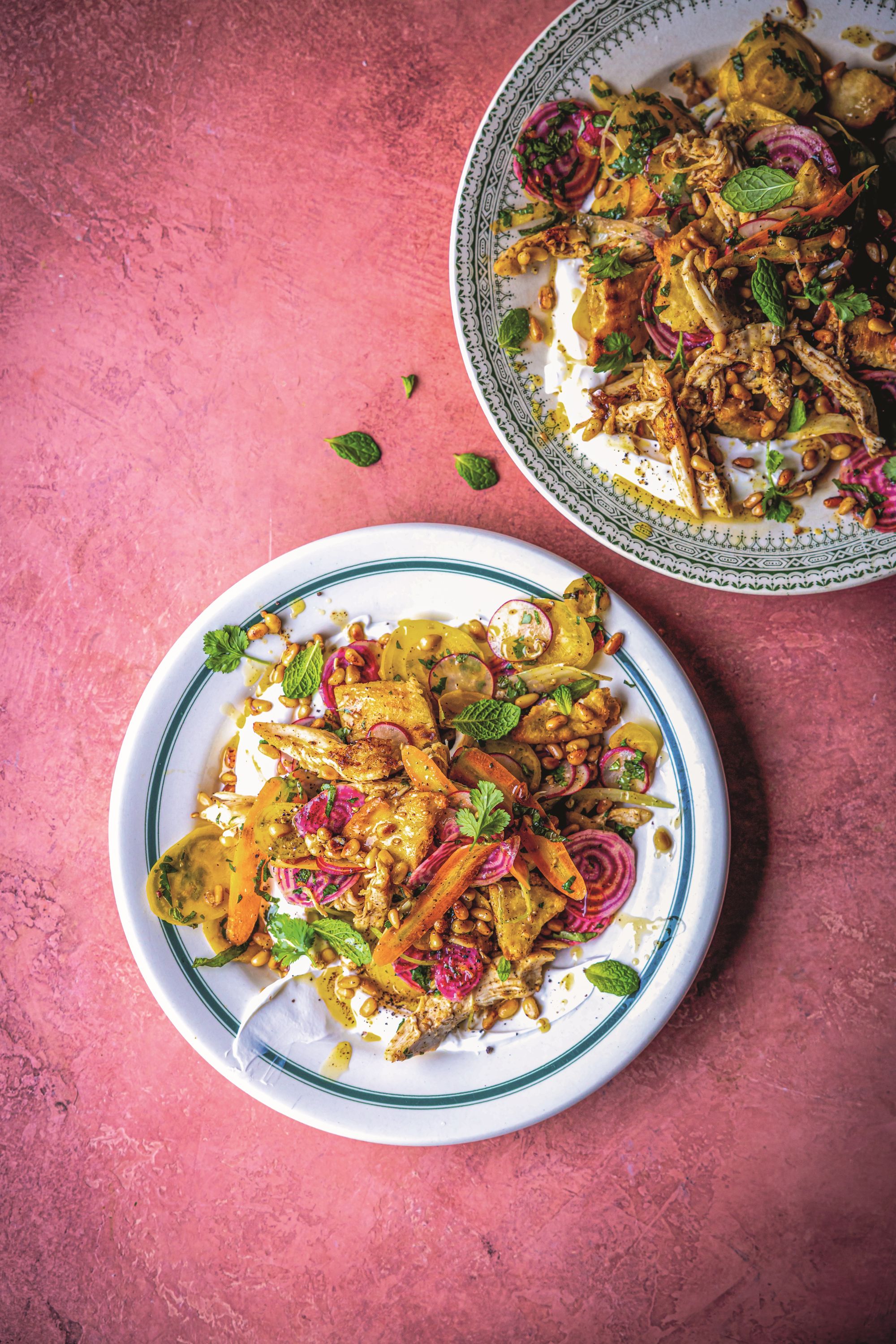 Shop-bought chicken does the heavy lifting in this crunchy, herby salad with a Middle Eastern twist