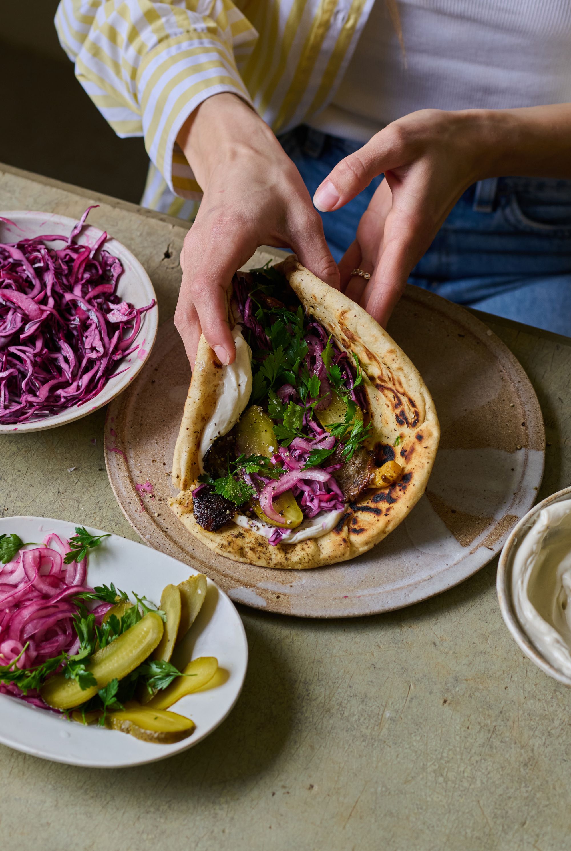 Oyster mushrooms, shawarma paste and sharp pickles turn a simple flatbread into proper dinner
